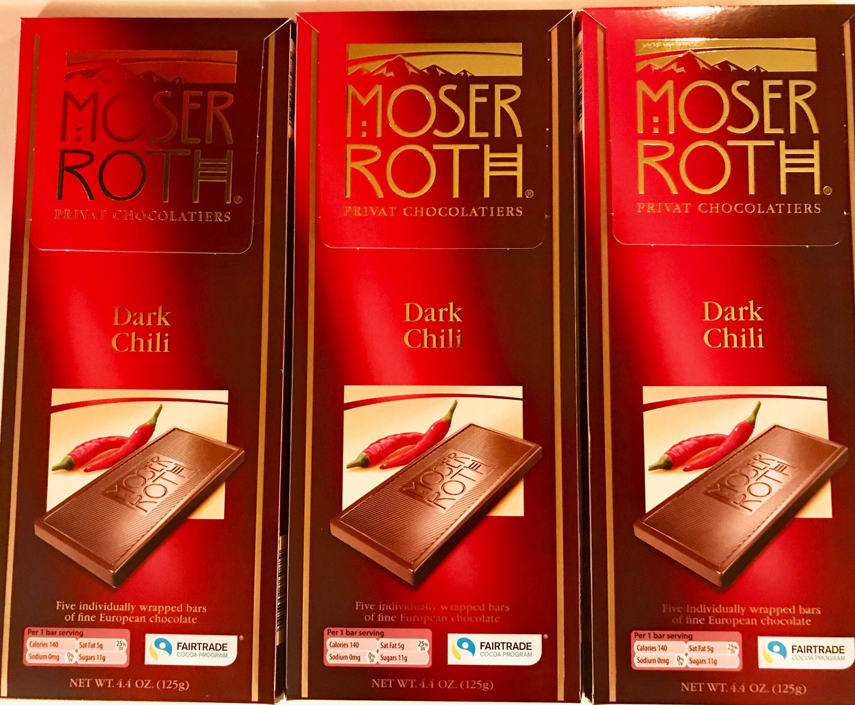 Moser Premium Fine German Chili / Dark Chocolate Bars.(3 Pack) by Moser Roth