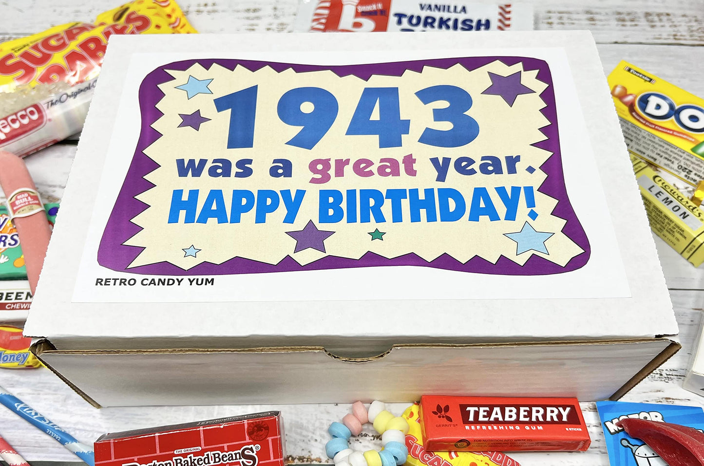 RETRO CANDY YUM ~ 1943 83rd Birthday Gift Box Nostalgic Candy Mix from Childhood for 83 Year Old Man or Woman Born 1943 Jr