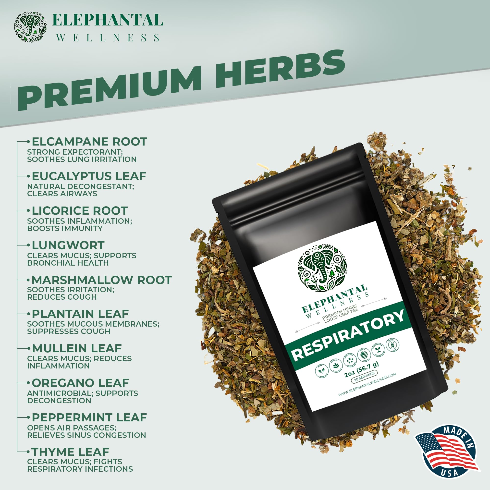 Elephantal Wellness Premium Respiratory Herbal Tea | Lung Detox, Mucus Cleanse & Breathing Support with Mullein, Eucalyptus, Thyme & Lungwort |
