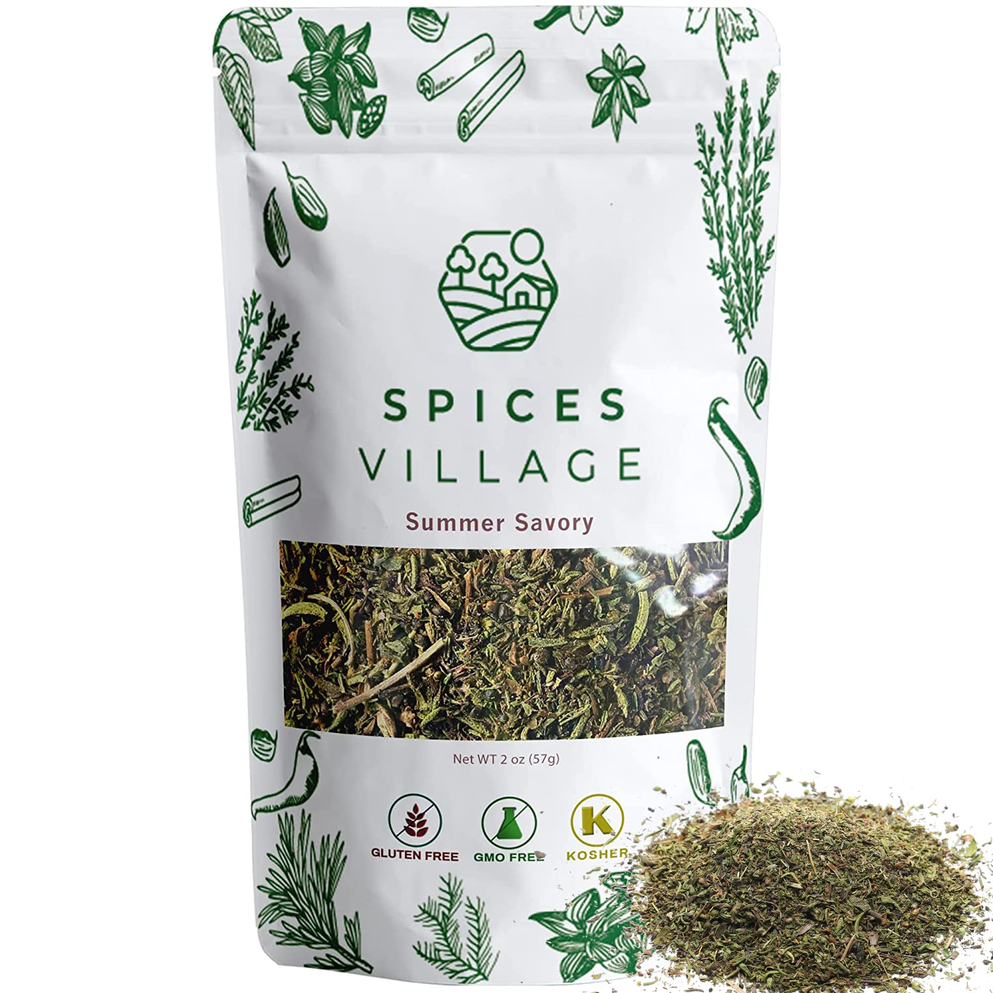 SPICES VILLAGE Dried Savory, Summer Savory Spice, Savory Herb, 2 oz, Pure Mediterranean Seasoning, Kosher, Gluten Free, Vegan, Non GMO, Resealable