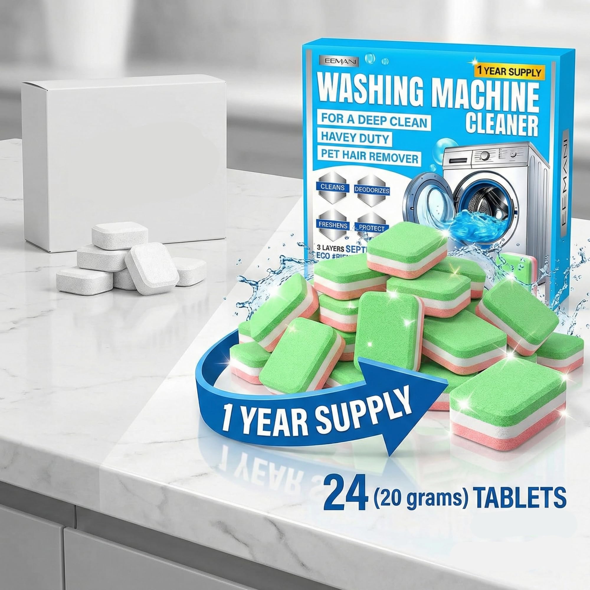 EEMANI Washing Machine Cleaner Tablets 24 Pack - Deep Cleaning for HE Front & Top Load Washer, 20g Tablets, Freshener for Drum & Tub - 1 Year Supply