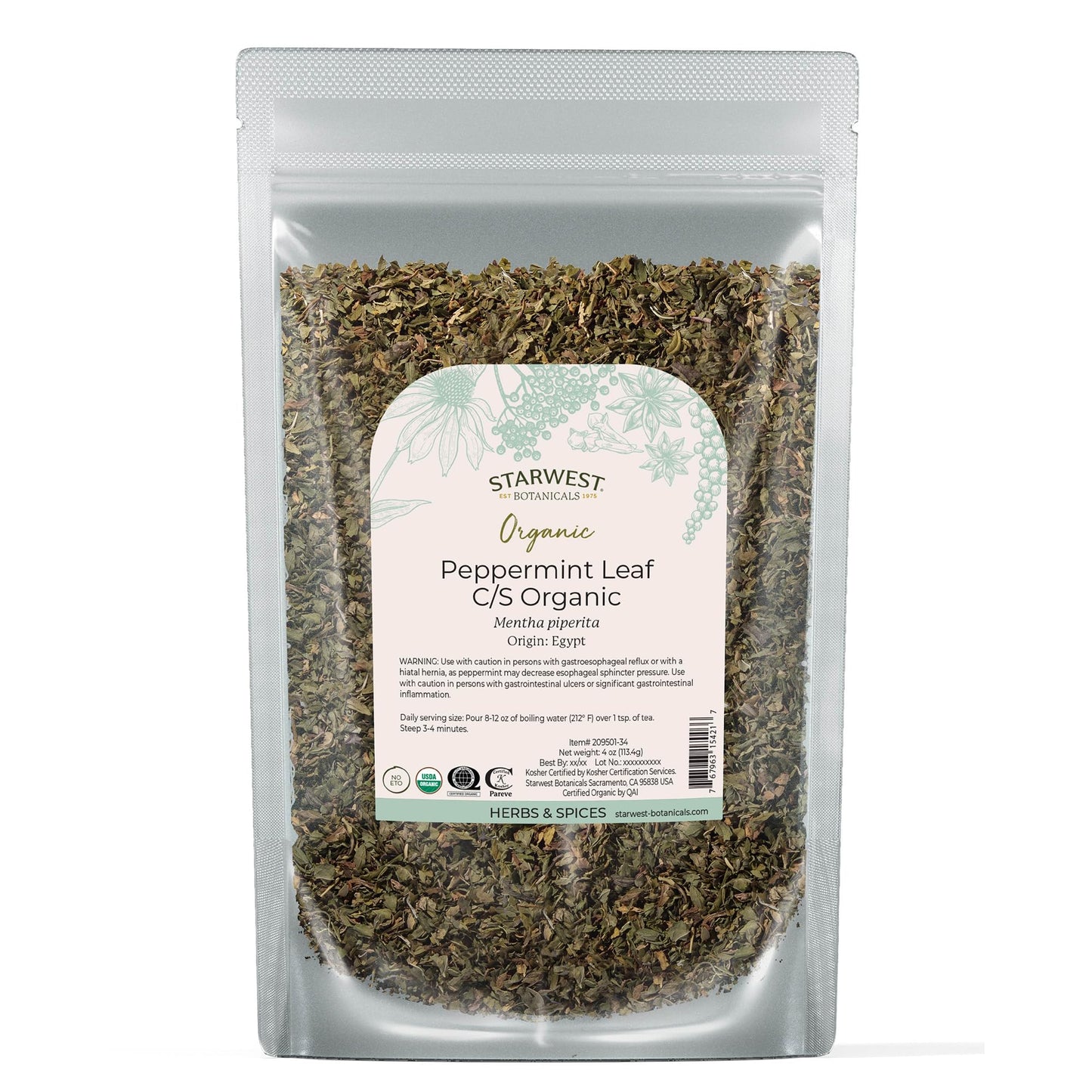 Starwest Botanicals Organic Peppermint Leaves Cut & Sifted - Dried Loose Leaf Herb for Tea, Herbal Blends, Baking, & Cooking, Caffeine Free, Sourced