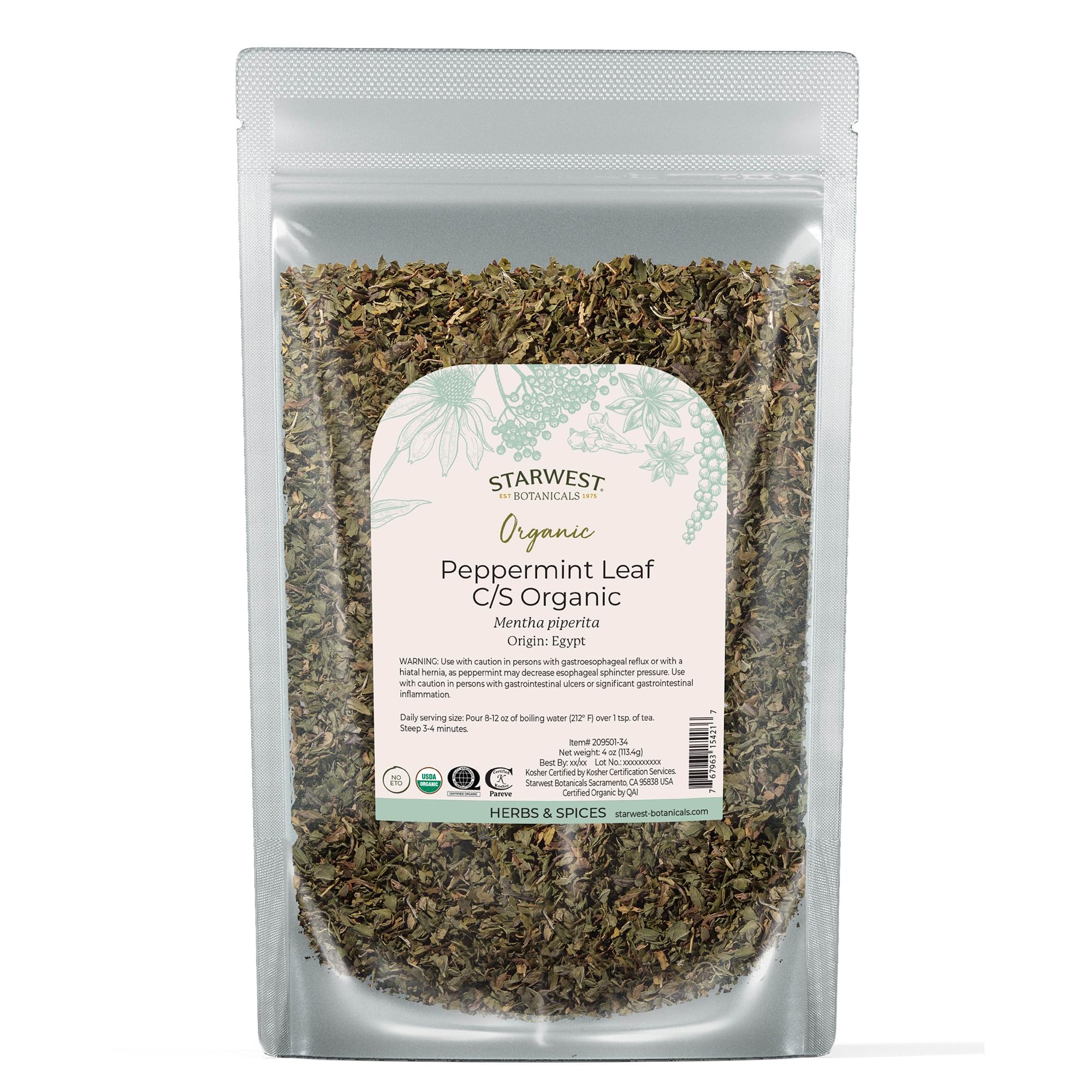 Starwest Botanicals Organic Peppermint Leaves Cut & Sifted - Dried Loose Leaf Herb for Tea, Herbal Blends, Baking, & Cooking, Caffeine Free, Sourced