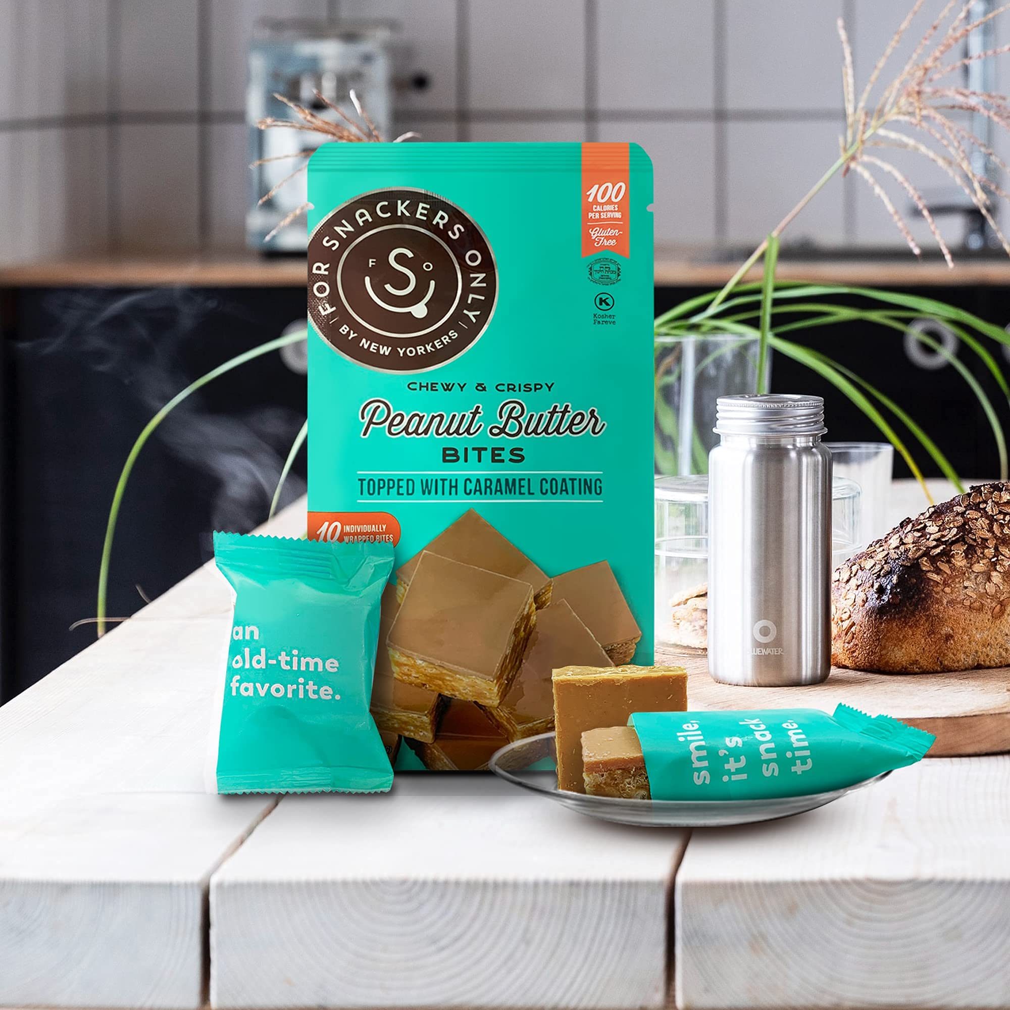 Peanut Butter Bites Topped with Caramel Coating - Gluten Free & Vegan Friendly - Non Dairy Kosher Pareve - 100 Calorie Snack - 8 Individually Wrapped