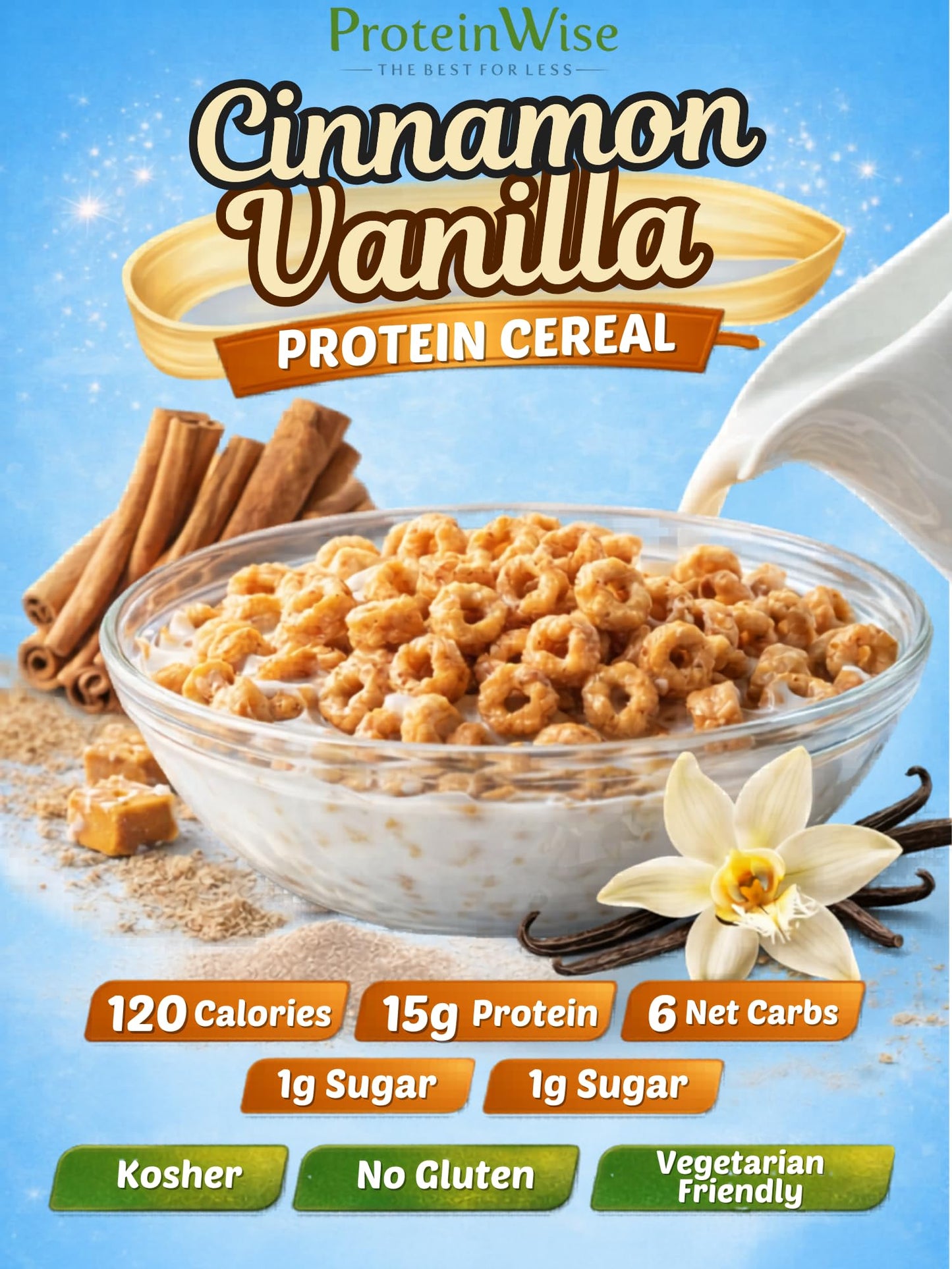 Proteinwise Cinnamon Vanilla Cereal, High Protein, Healthy Cereal, Healthy Diet, Low Carb, Low Calorie, Kosher, 7/Box