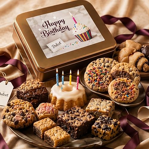 Happy Birthday Gourmet Gift Basket - Fresh Baked Cookie & Brownie Assortment in Elegant Reusable Tin Box - Birthday Food Gifts for Mom, Dad, Friends