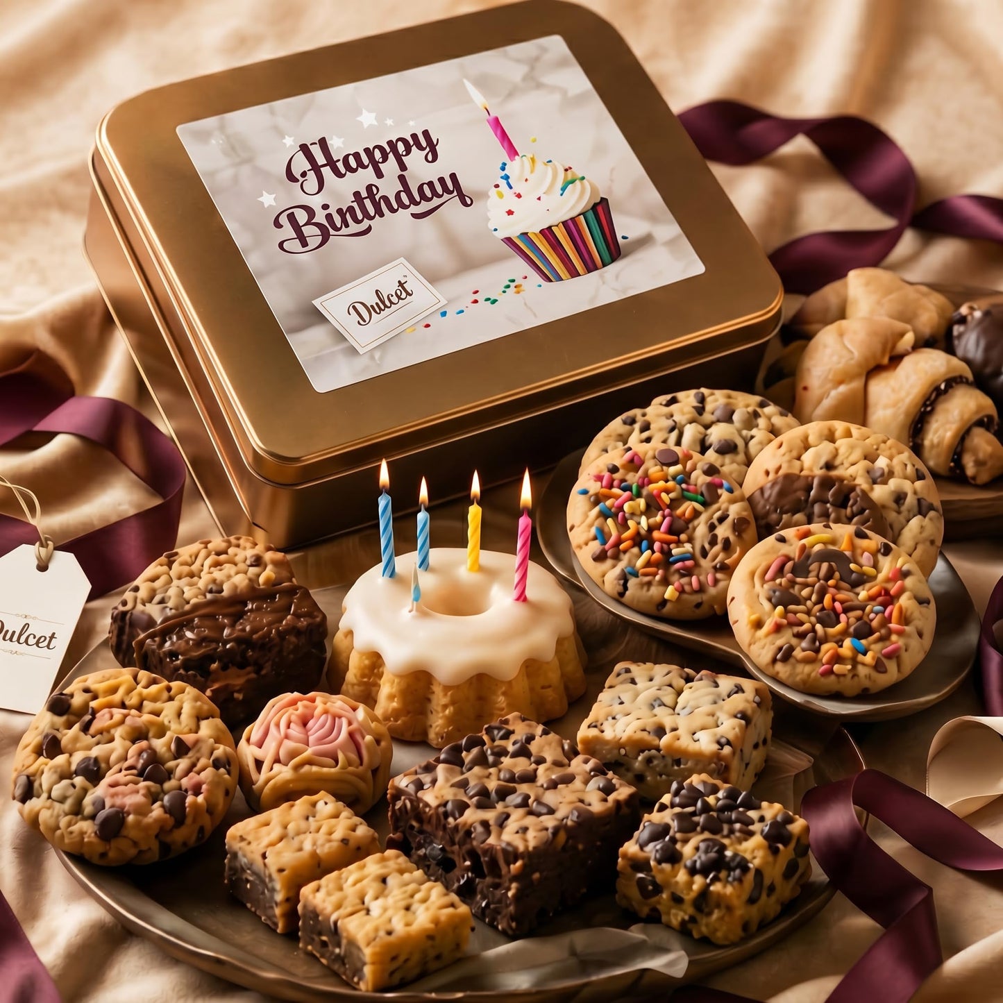 Happy Birthday Gourmet Gift Basket - Fresh Baked Cookie & Brownie Assortment in Elegant Reusable Tin Box - Birthday Food Gifts for Mom, Dad, Friends