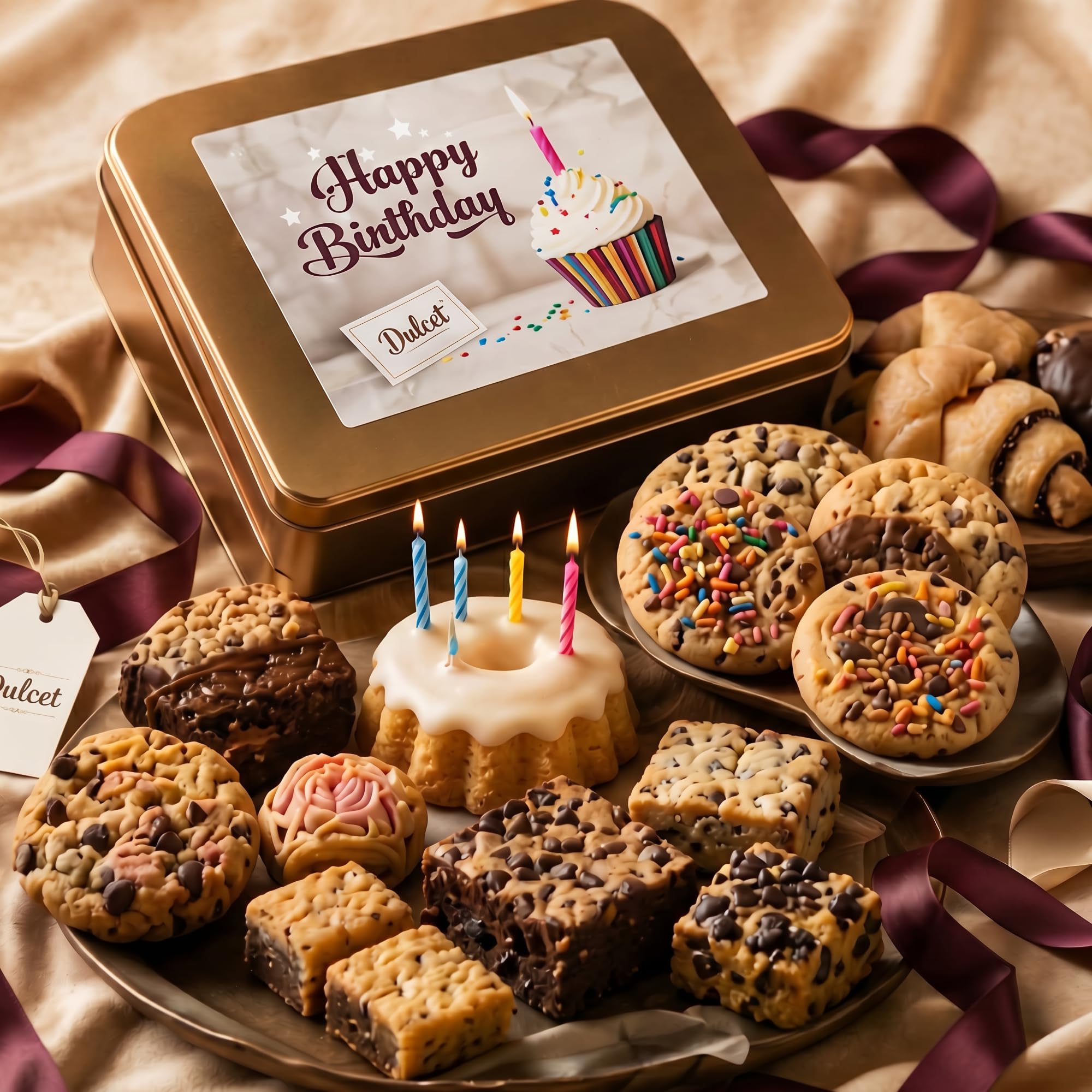 Happy Birthday Gourmet Gift Basket - Fresh Baked Cookie & Brownie Assortment in Elegant Reusable Tin Box - Birthday Food Gifts for Mom, Dad, Friends