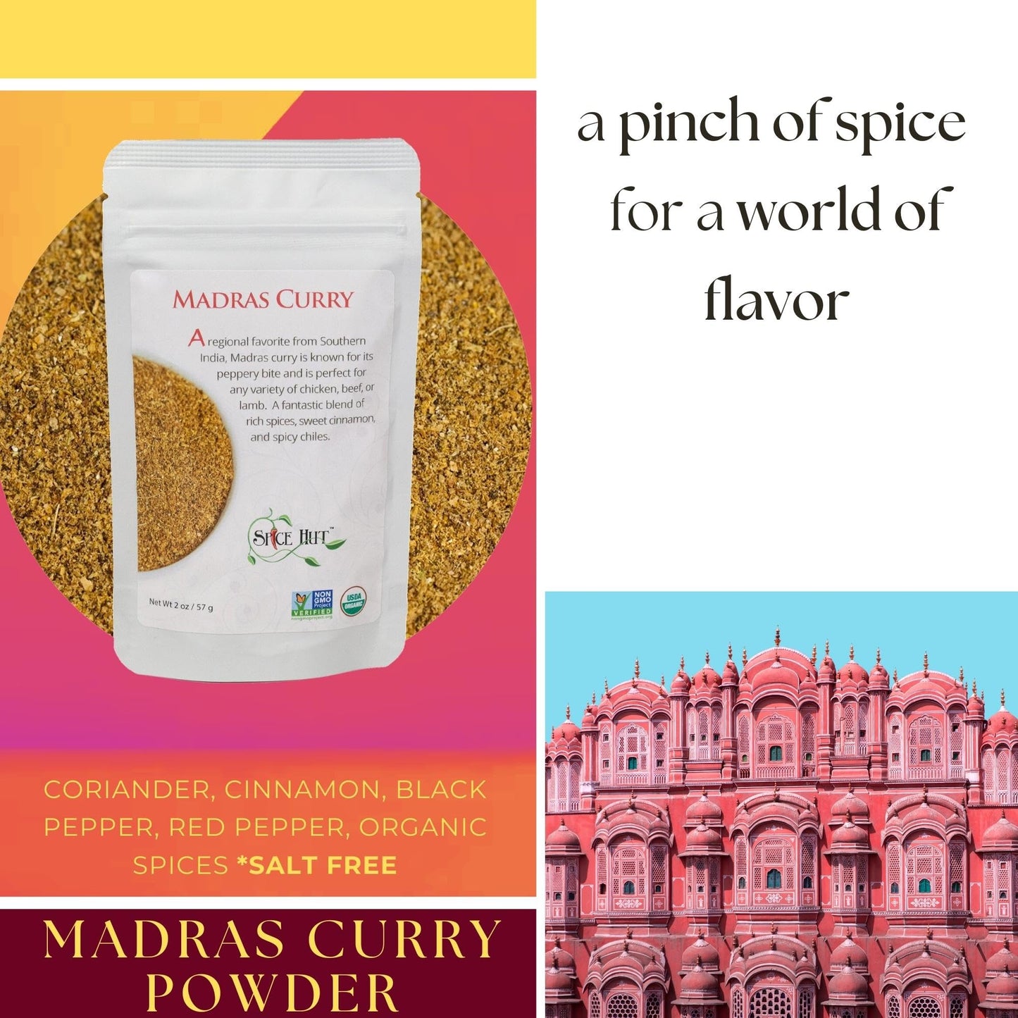 Spice Hut - Madras Curry Powder, Organic, No Salt, Madras Masala Indian Seasoning for Cooking Spicy South Asian Food / Yellow Indian Curry Desi Spice
