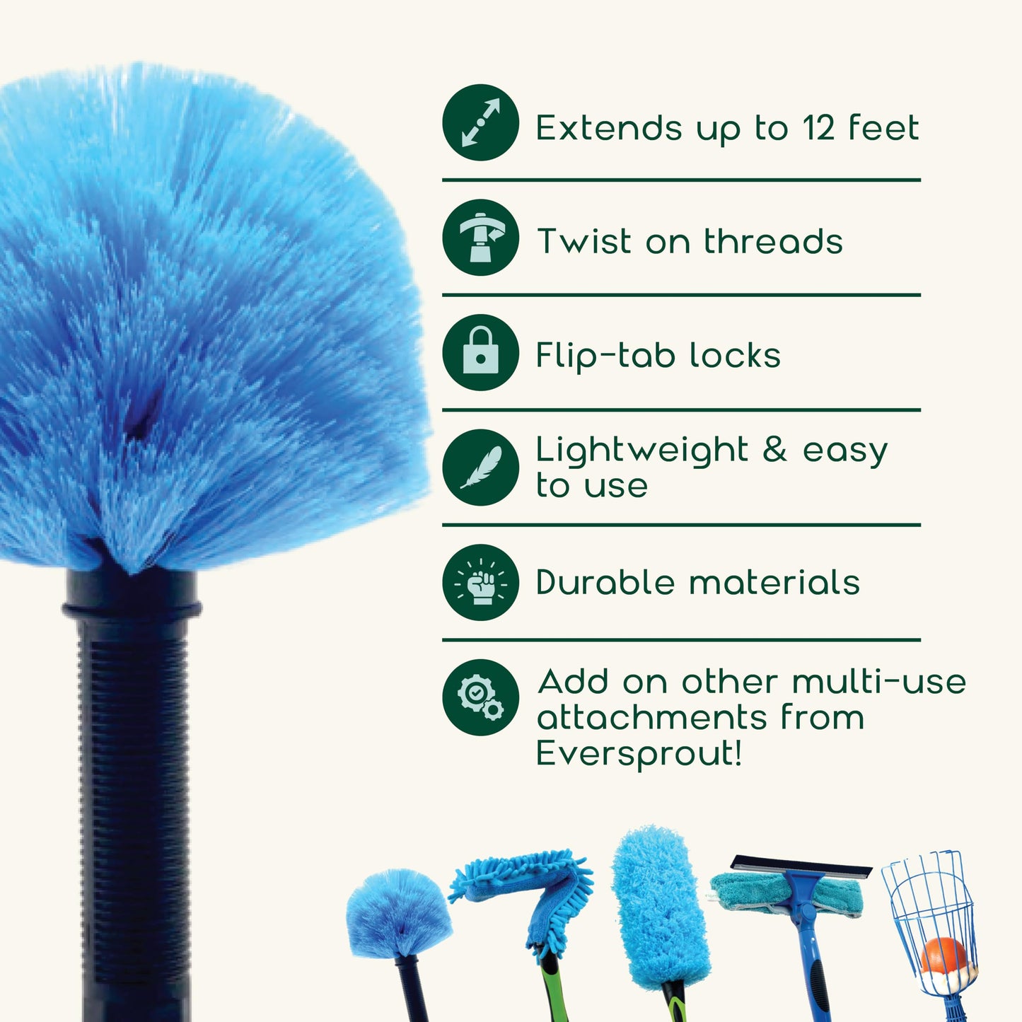 EVERSPROUT Twist-On Cobweb Duster (Soft Bristles) | Indoor & Outdoor use Brush Attachment | Fits Standard 3/4 inch Threaded Poles | Brush Only (Pole
