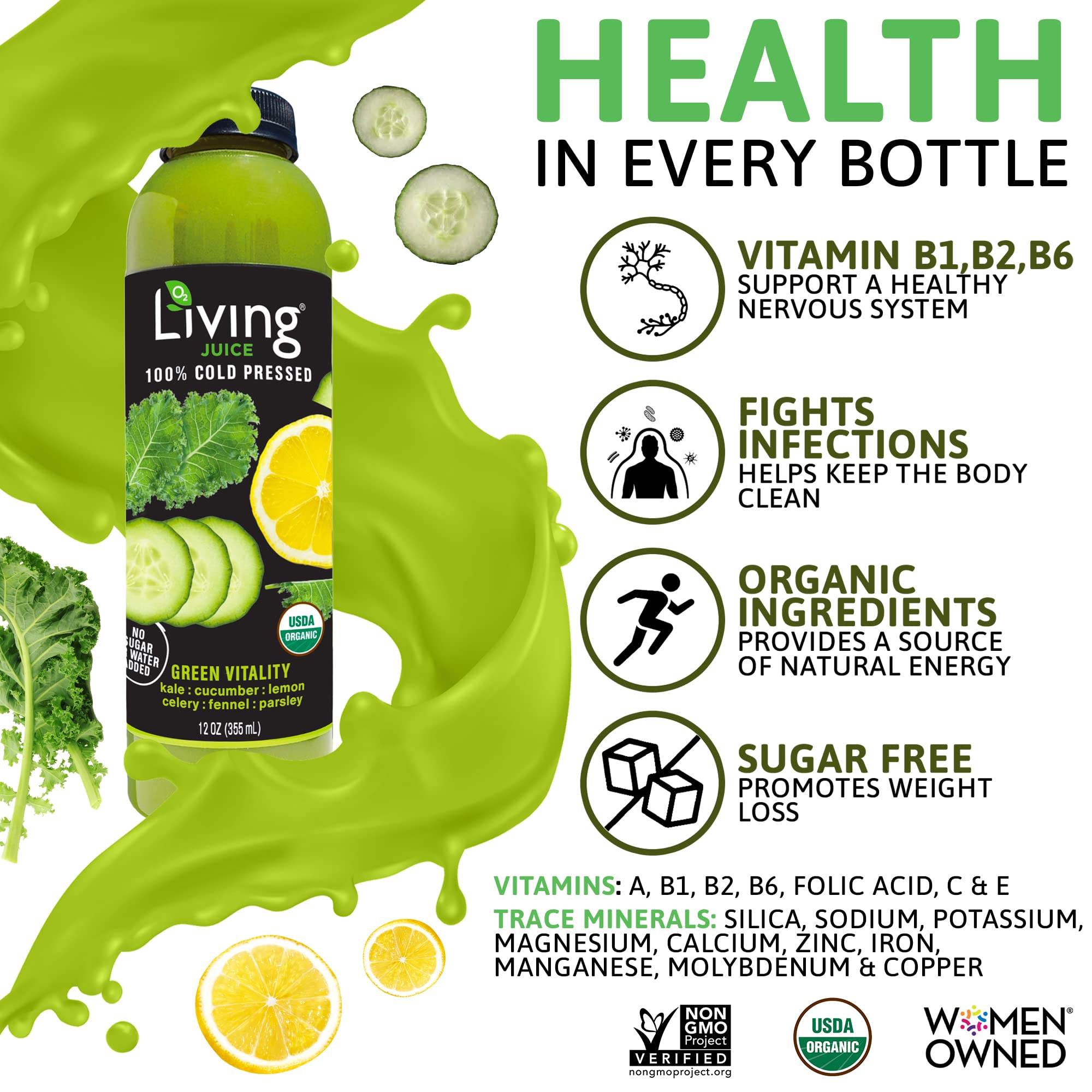 O2 Living Juice Cold Pressed Drink - Green Vitality Organic Juice Variety Pack - No Added Sugars or Water, Naturally Sweetened from Fruits, Rich in