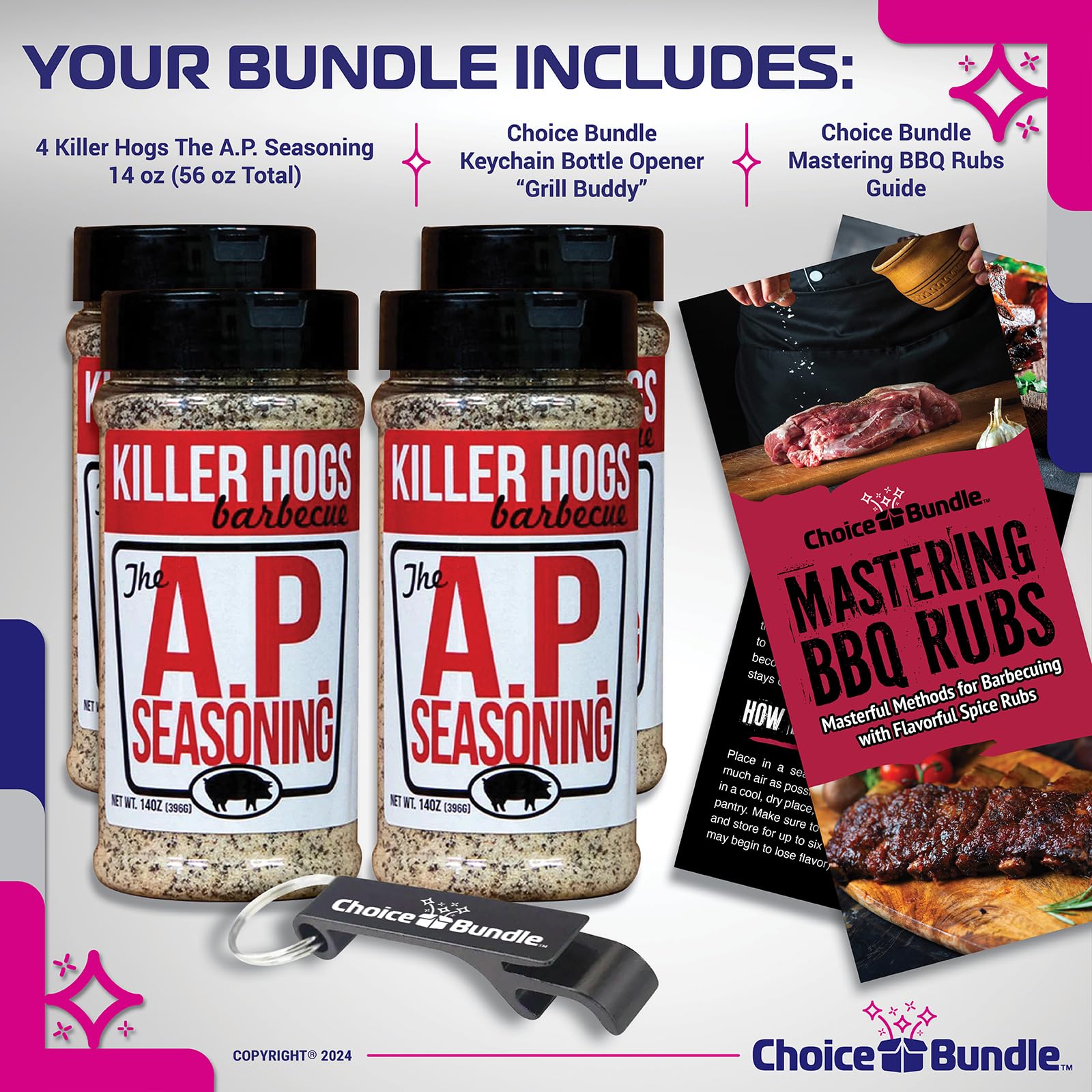 Killer Hogs AP Seasoning All Purpose Premium BBQ Barbecue Rub 4 pk (56 oz) I Plus Guide & Bottle Opener (6 Items)!