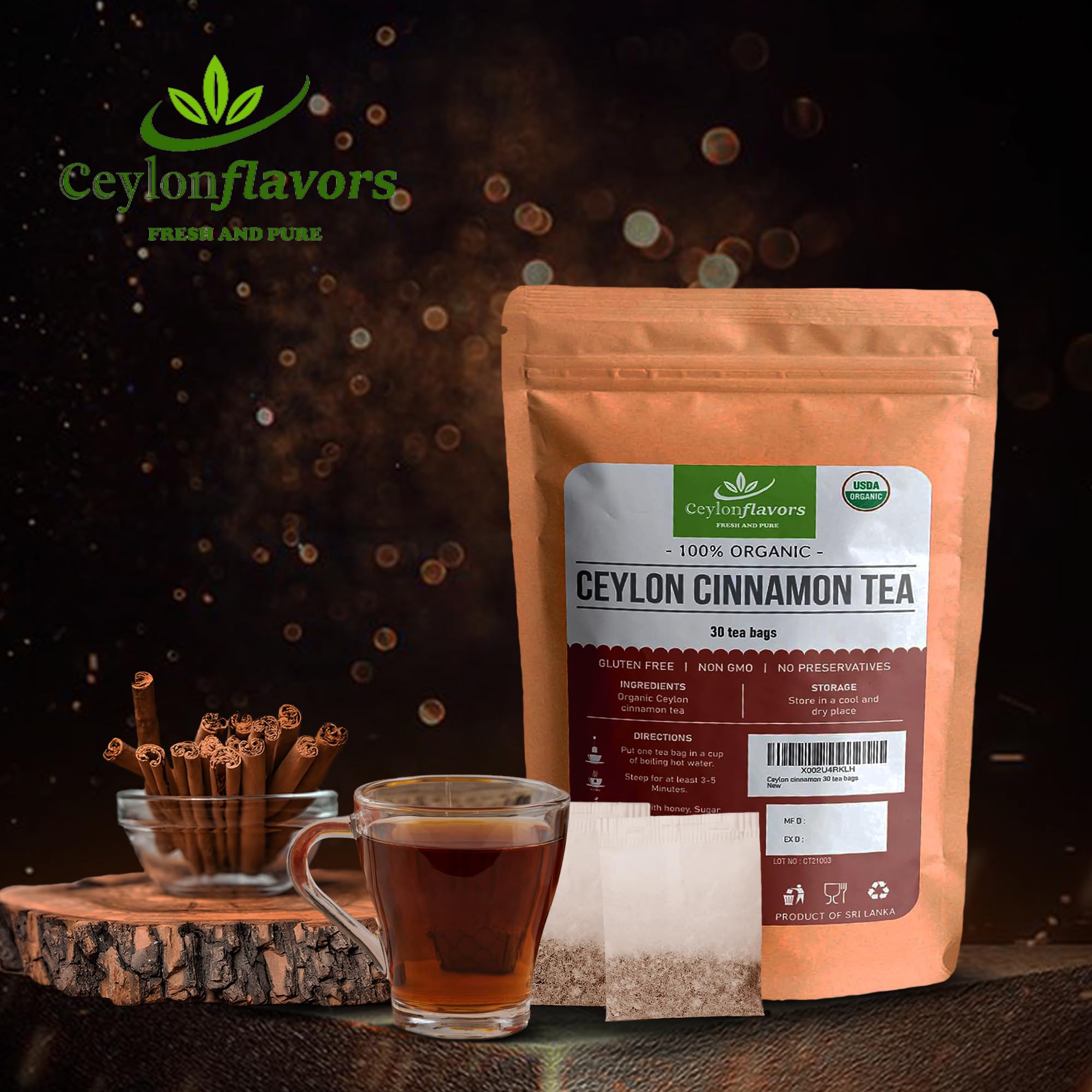 Ceylon Flavors Fresh and Pure Organic Ceylon Cinnamon 30 Tea Bags From Sri Lanka USDA Certified