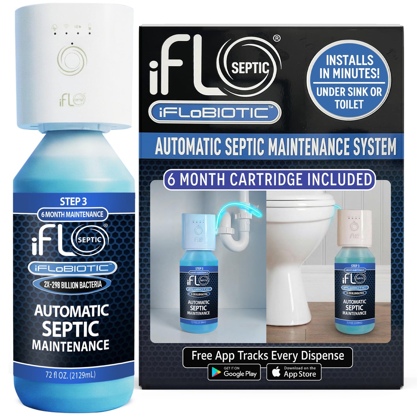 iFLO® Automatic Septic Tank Treatment & Maintenance Kit - Weekly Enzyme Dispenser Prevents Backups, Clogs & Odors - Breaks Down Sludge, Grease & Waste