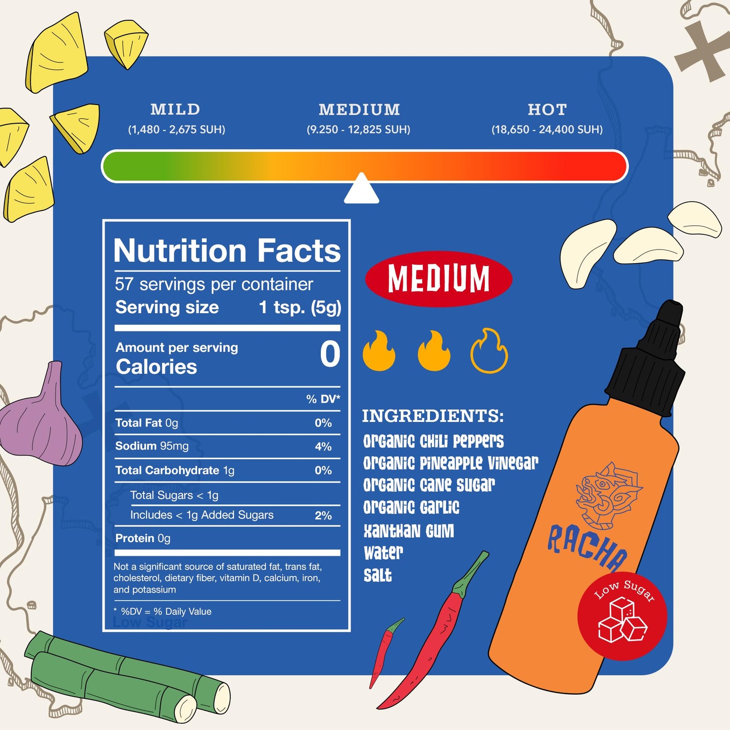 Racha Organics Medium Heat Sriracha Hot Sauce - USDA Organic Sriracha Sauce Made with Estate-Grown Thai Chili Peppers - Low-Sugar, Non-GMO, Gluten
