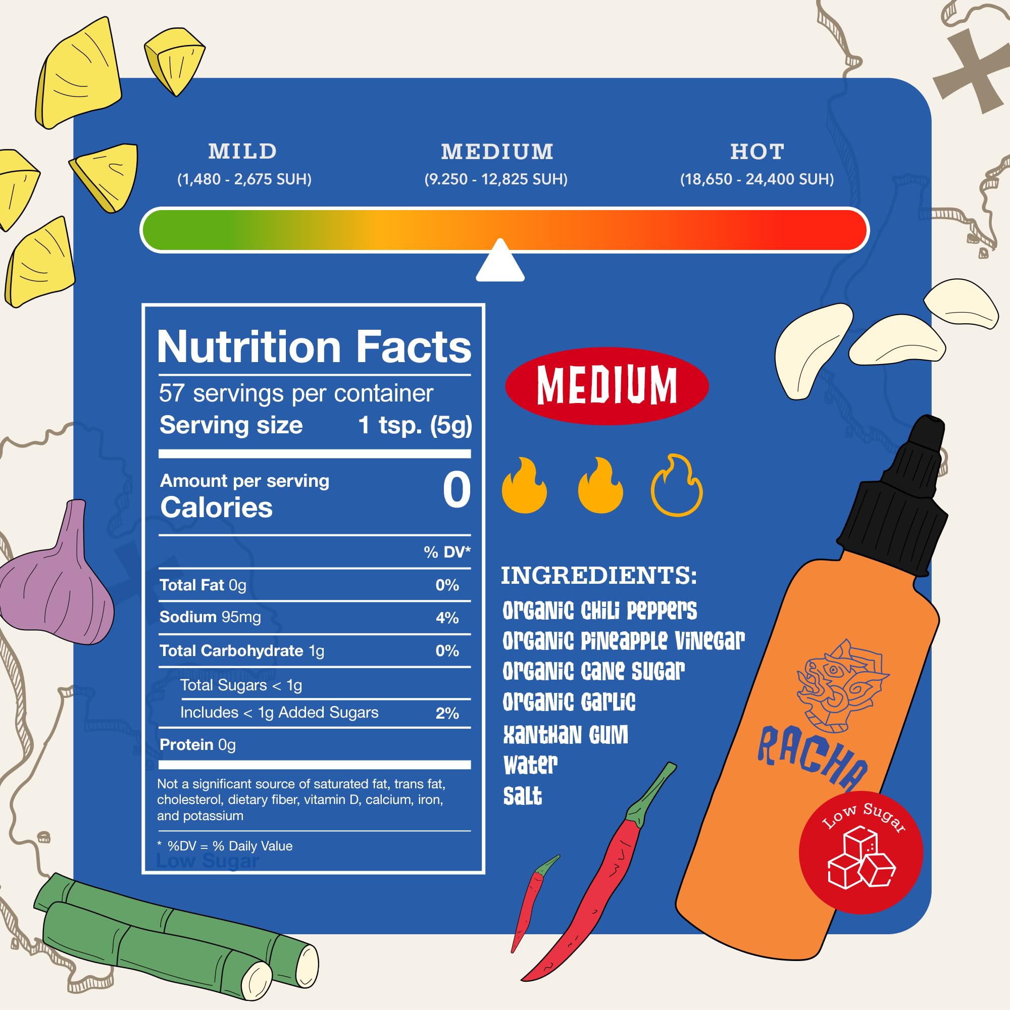 Racha Organics Medium Heat Sriracha Hot Sauce - USDA Organic Sriracha Sauce Made with Estate-Grown Thai Chili Peppers - Low-Sugar, Non-GMO, Gluten