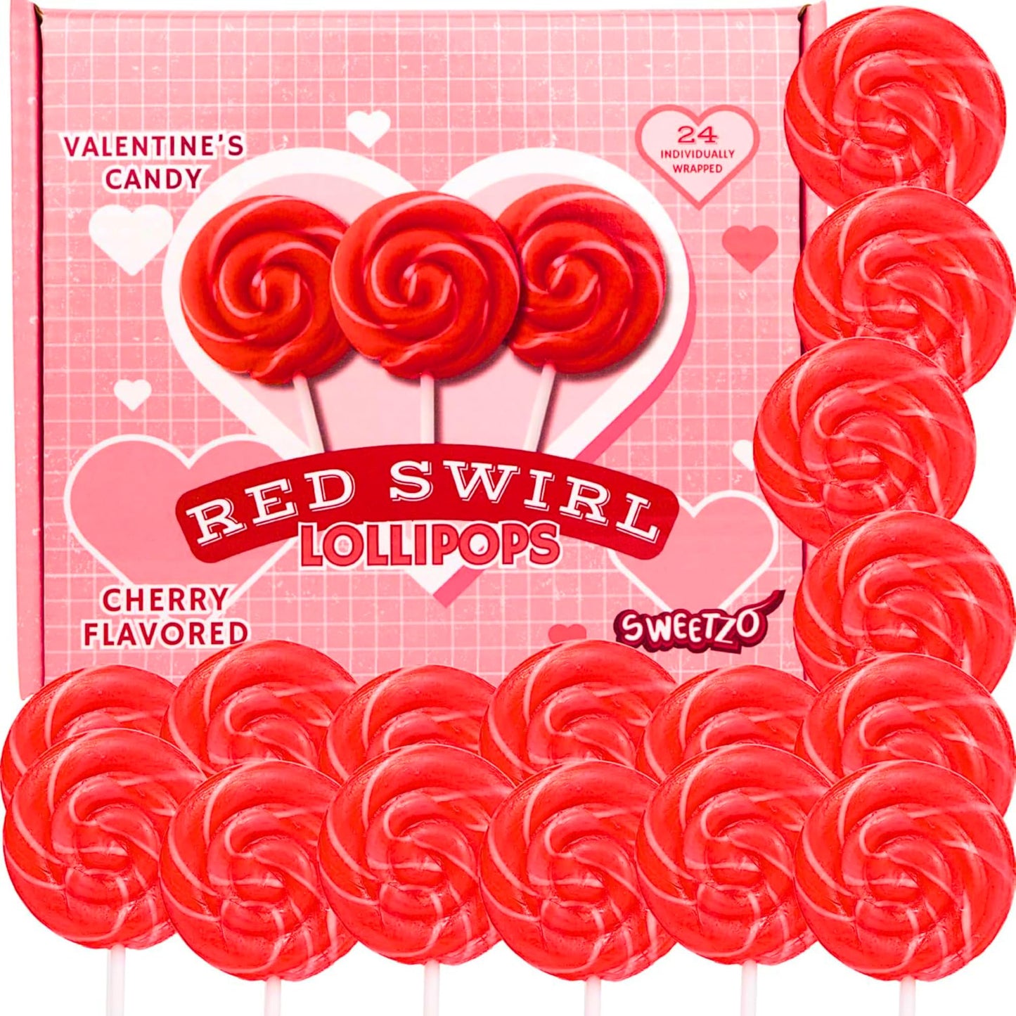 Red Swirl Lollipops, 24 Count Classic Hard Candy Suckers, Individually Wrapped Sweet Treats for Snacking, Parties, Buffets, and Everyday Enjoyment
