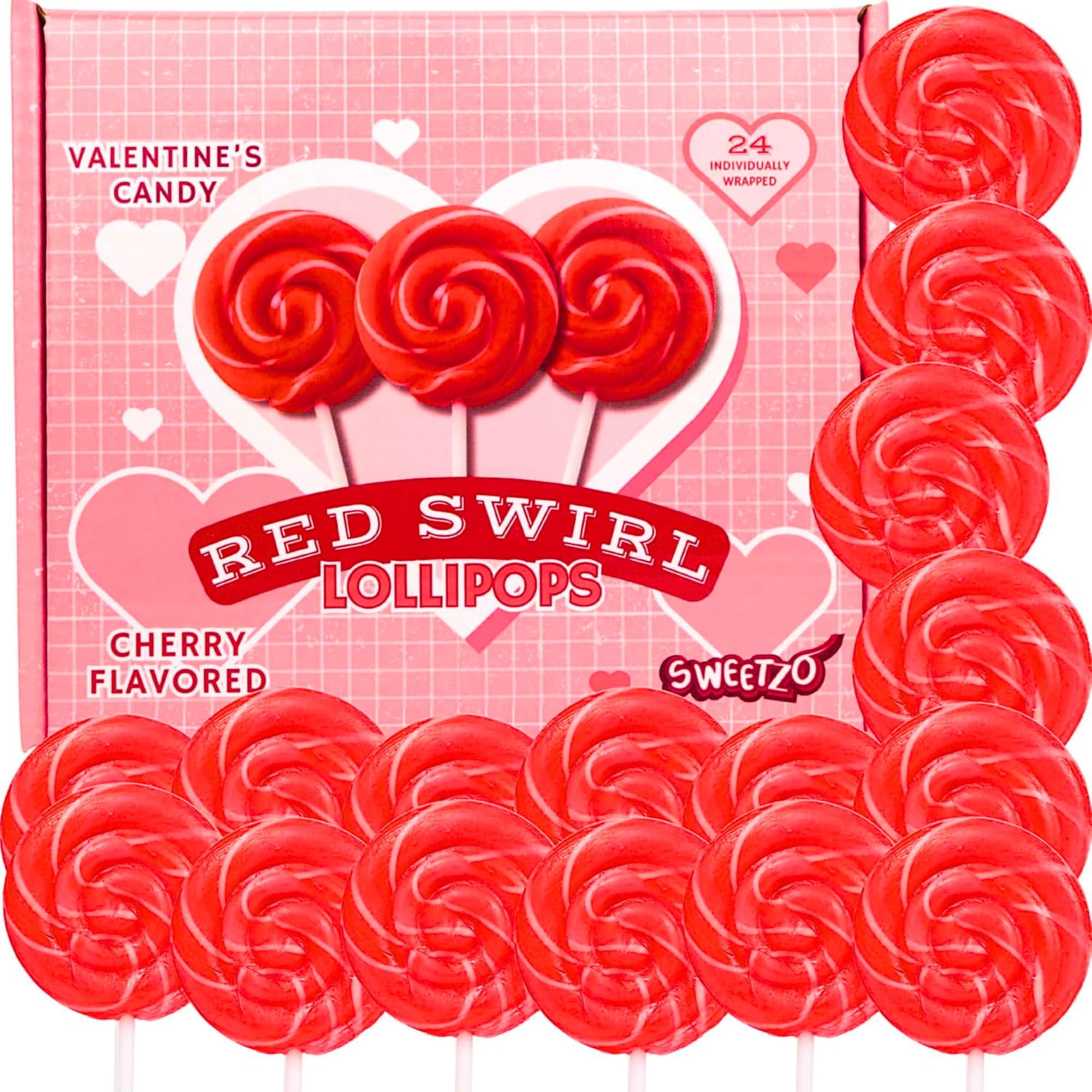 Red Swirl Lollipops, 24 Count Classic Hard Candy Suckers, Individually Wrapped Sweet Treats for Snacking, Parties, Buffets, and Everyday Enjoyment
