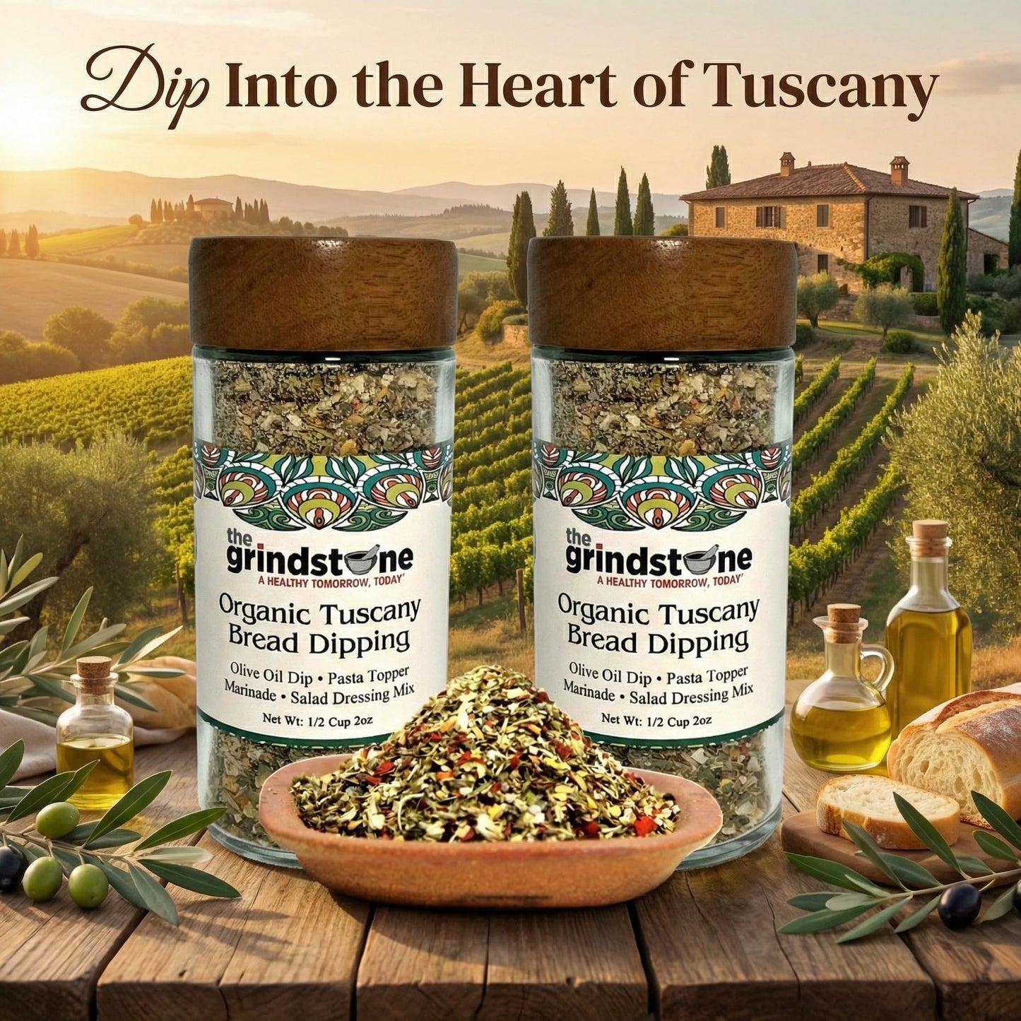 The Grindstone, Organic Tuscany bread dipping mix, perfect seasoning spice with extra virgin olive oil, bread, pasta topper, 2 oz. glass bottle