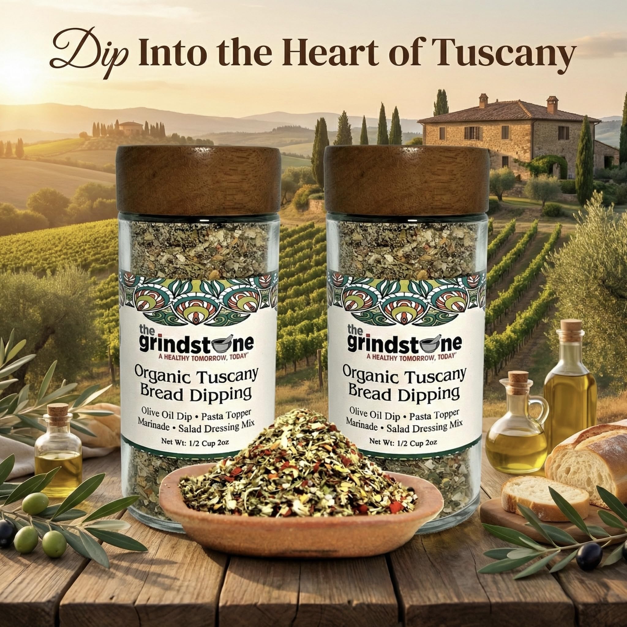 The Grindstone, Organic Tuscany bread dipping mix, perfect seasoning spice with extra virgin olive oil, bread, pasta topper, 2 oz. glass bottle