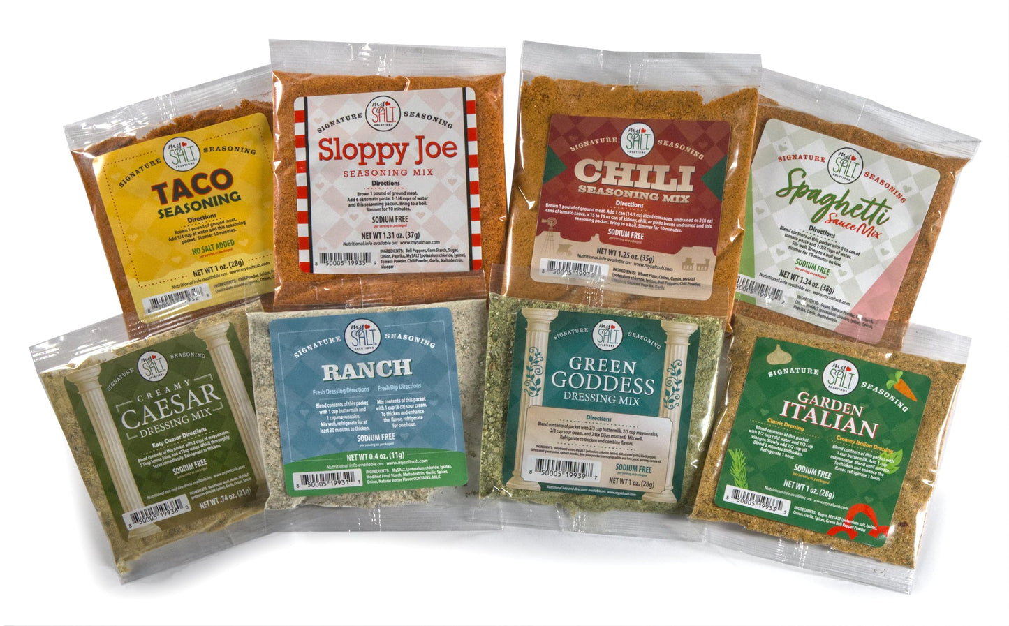 MySALT Dinner and a Salad Variety Pack - 8 Mixes: Ranch, Italian, Caesar, and Green Goddess + Spaghetti, Taco, Sloppy Joe, and Chili - Sodium-Free