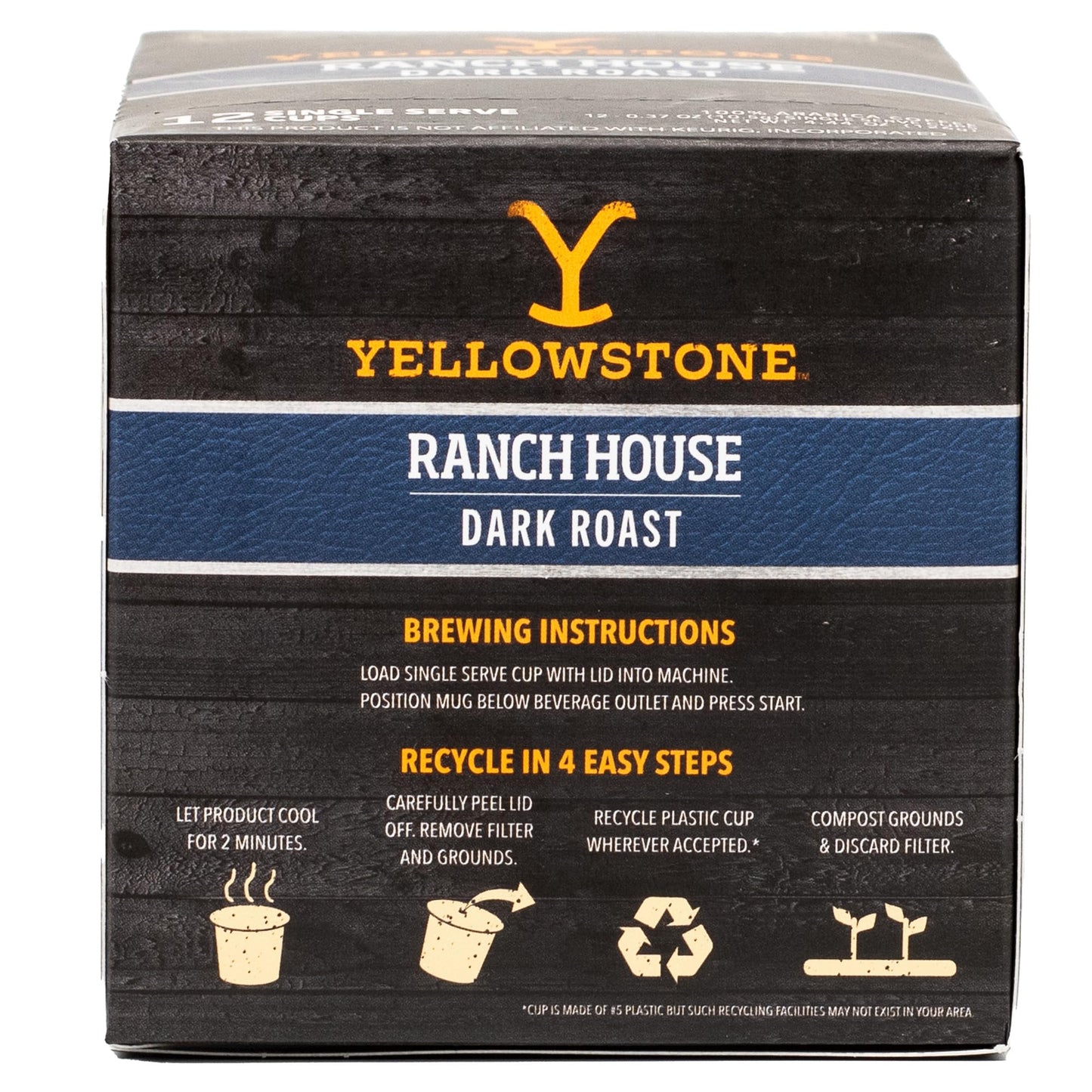 Yellowstone Ranch House Dark Roast Coffee, Single Serve Recyclable Pods/Cups, 100% Arabica Beans, 12 Count