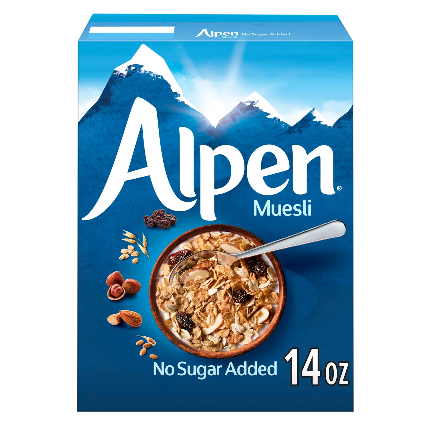Alpen Muesli No Sugar Added Cereal, Heart Healthy Cereal with Wheat Flakes, Rolled Oats, Nuts and Raisins, Non-GMO Project Verified, 14 OZ Box (Pack
