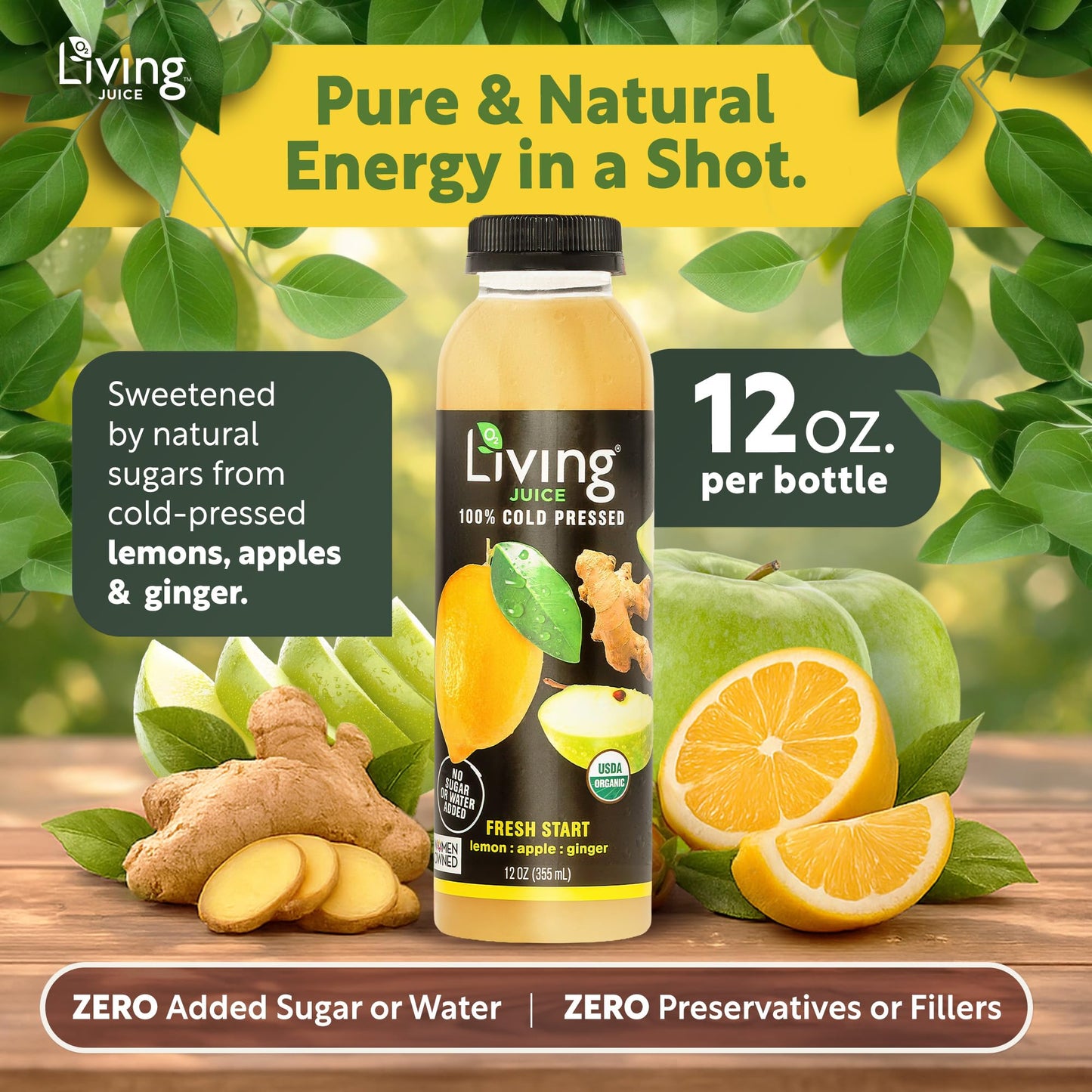 O2 Living Juice Cold Pressed Drink - Fresh Start Organic Juice Pack - No Added Sugars or Water, Naturally Sweetened from Fruits, Rich in Nutrients