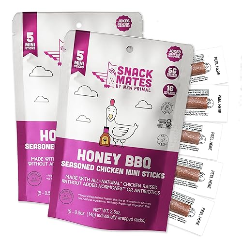 New Primal Snack Mates Honey BBQ Chicken Sticks, Healthy Snack for Kids, Low Sugar High Protein Back to School Snacks, Gluten Free, Mini Jerky Meat