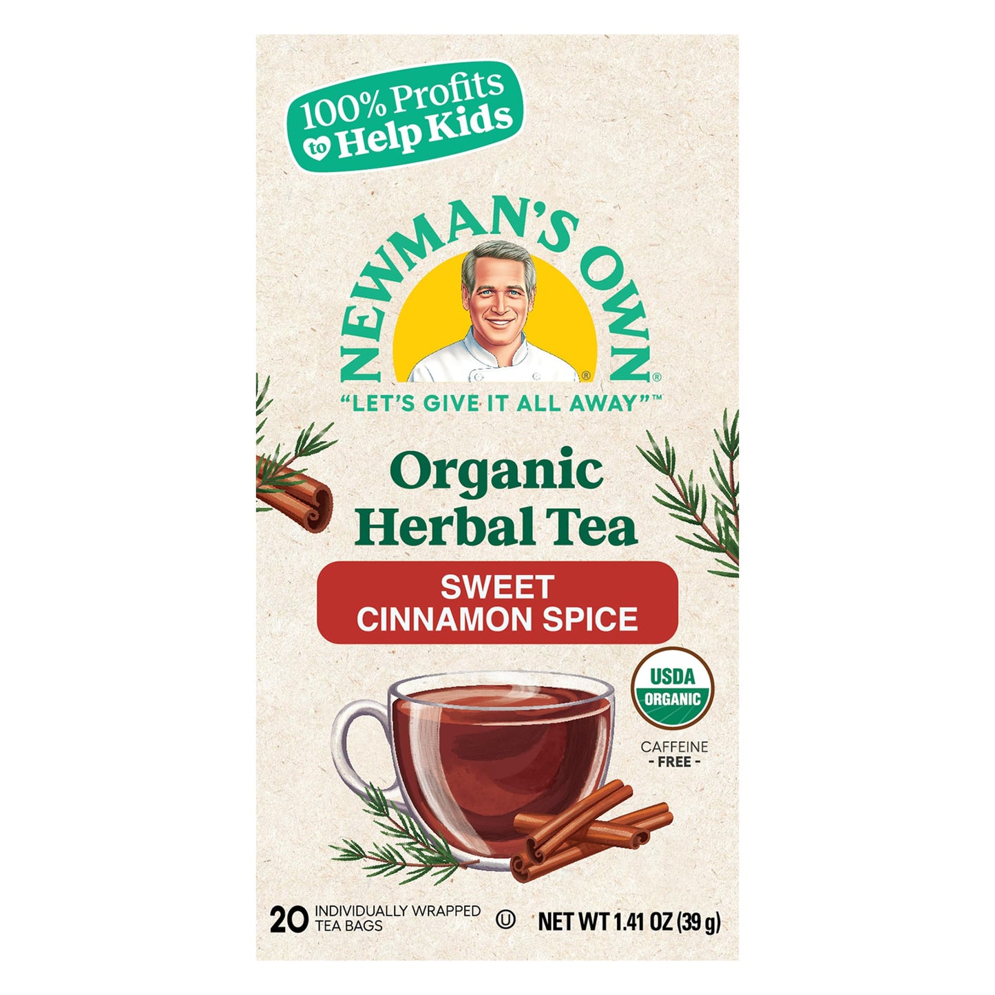 Newman's Own Organic Sweet Cinnamon Spice Herbal Tea with Rooibos Tea with Organic Ginger 20 Individually Wrapped Tea Bags Per Box (Pack of 2) USDA