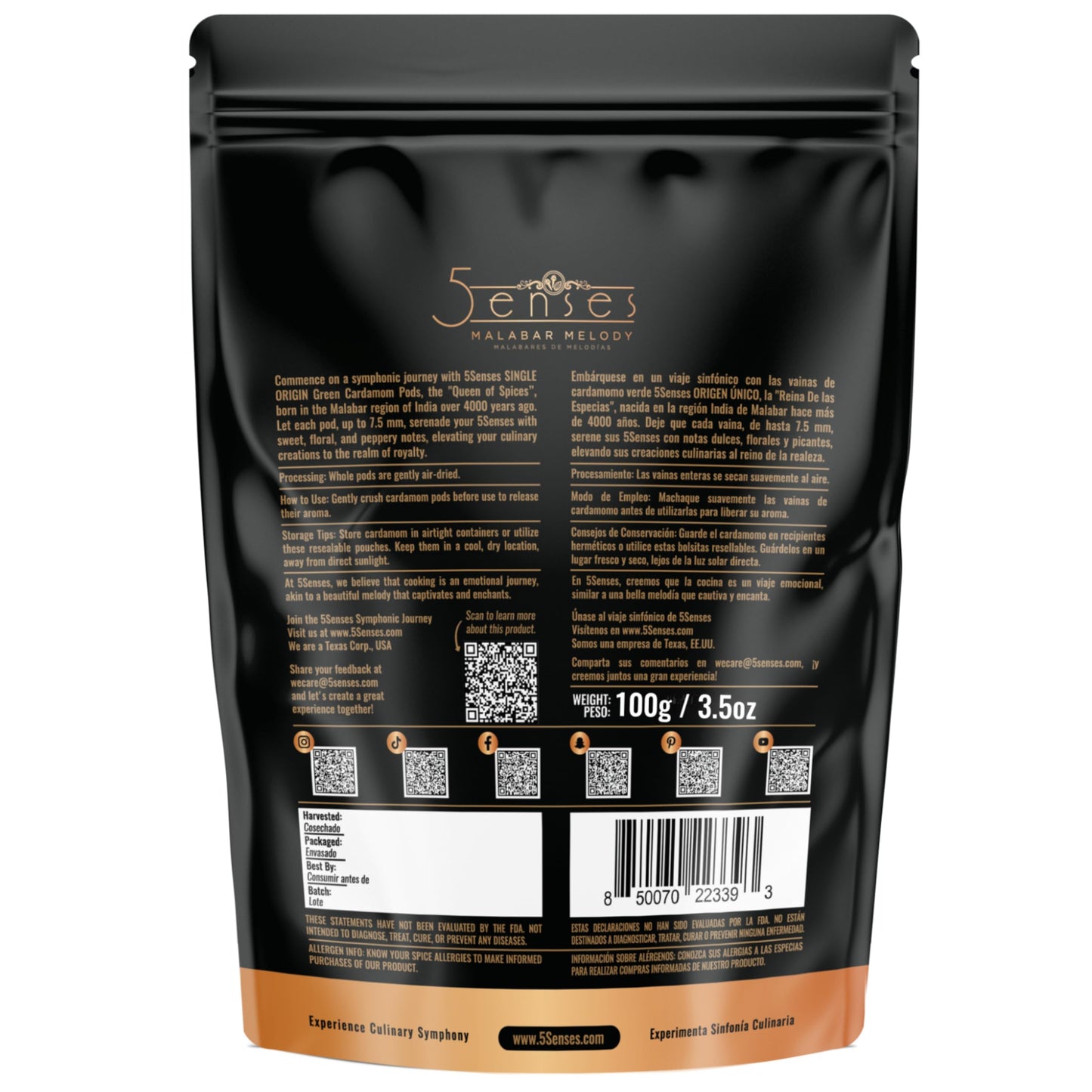 5Senses Green Malabar Cardamom Pods | Whole Green Cardamom Pods | Cardamomo | Single Origin Indian Cardamom Spice | Aromatic Elaichi Pods for Chai