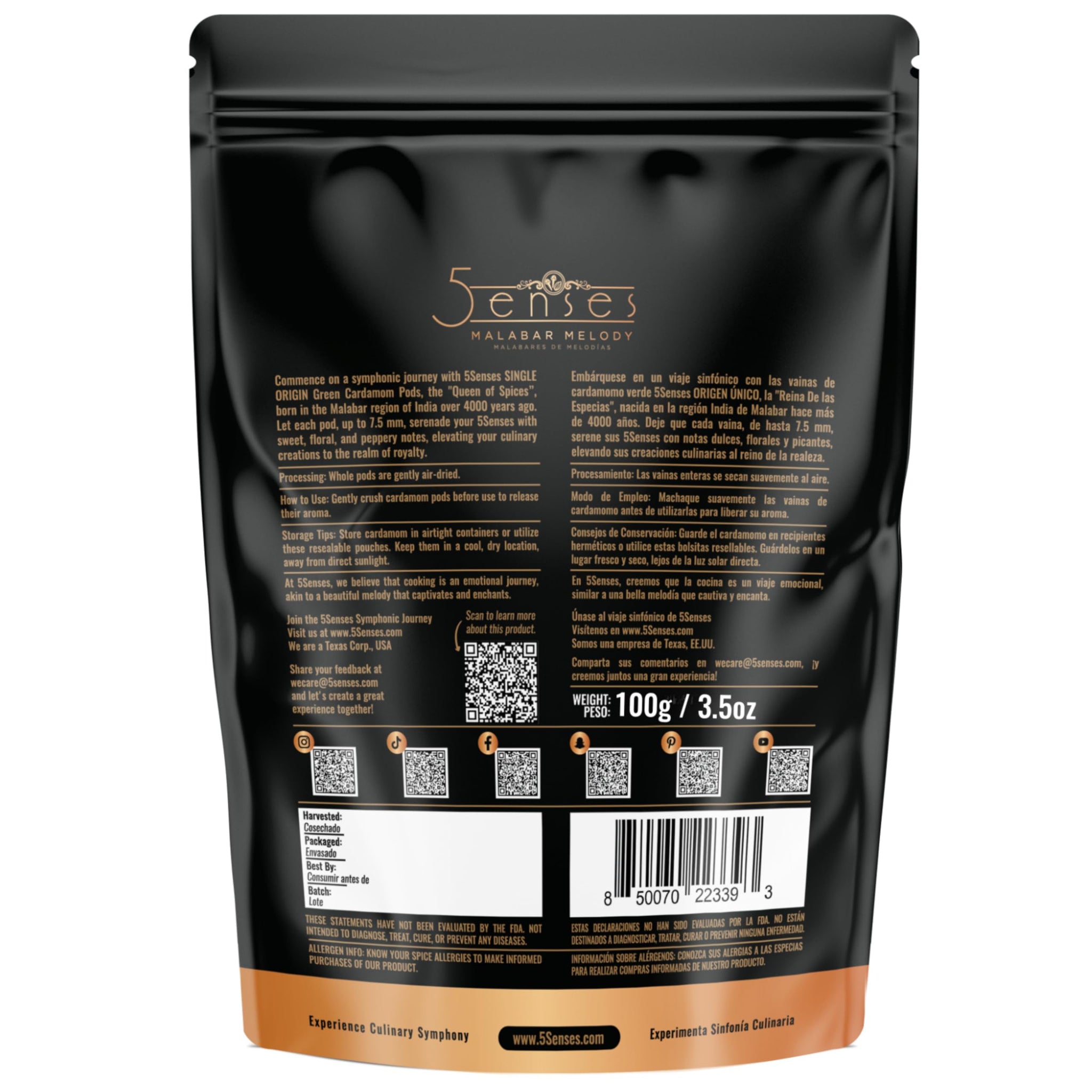 5Senses Green Malabar Cardamom Pods | Whole Green Cardamom Pods | Cardamomo | Single Origin Indian Cardamom Spice | Aromatic Elaichi Pods for Chai