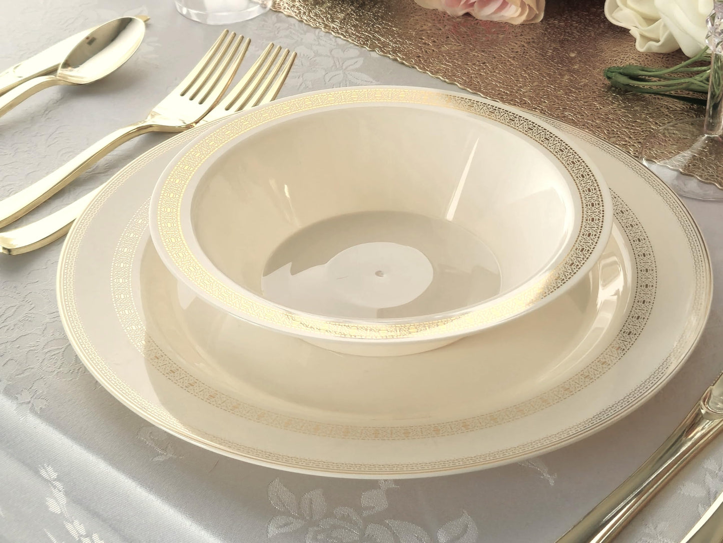" OCCASIONS " 60 Plates Pack, Heavyweight Disposable Wedding Party Plastic Plates (6.25'' Dessert/Bread Plate, Lace Ivory & Gold)