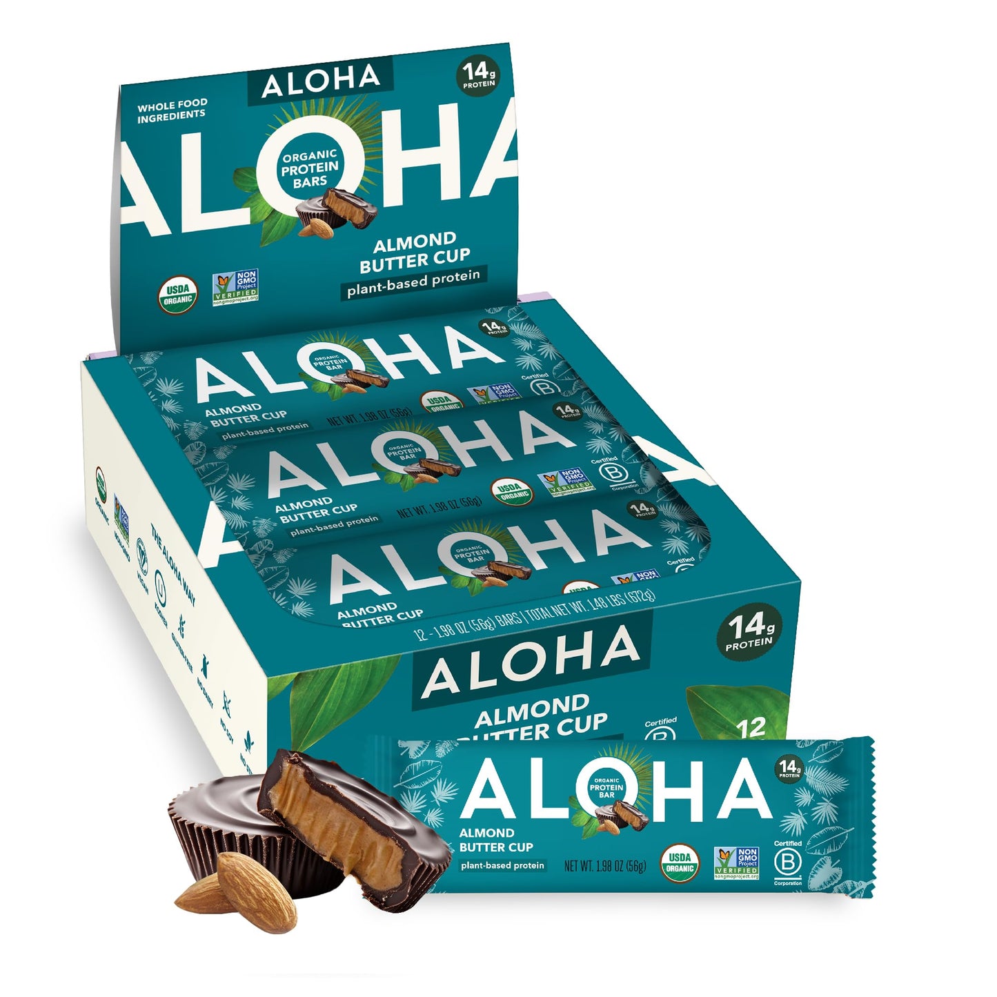 ALOHA Organic Plant Based Protein Bars - Almond Butter Cup - 12 Bars, Vegan, Low Sugar, Gluten-Free, Paleo, Low Carb, Non-GMO, No Stevia, No