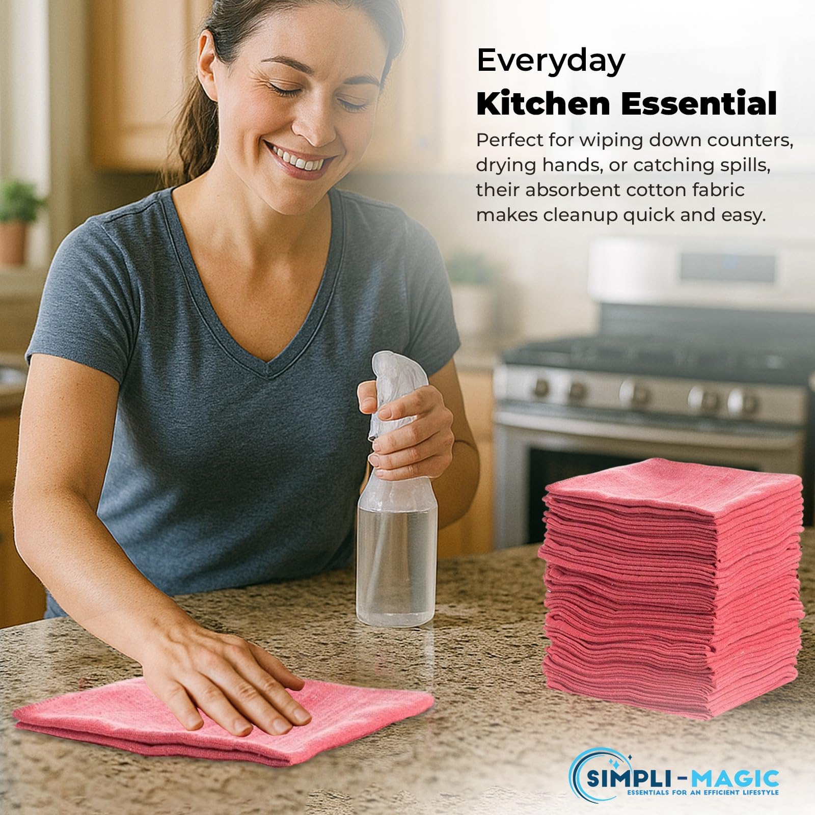 Simpli-Magic Cotton Shop Towels 14"x12" (110 Pack) - Reusable Cleaning Shop Rags for Automobiles, Industries, Garage and Homes (Red)