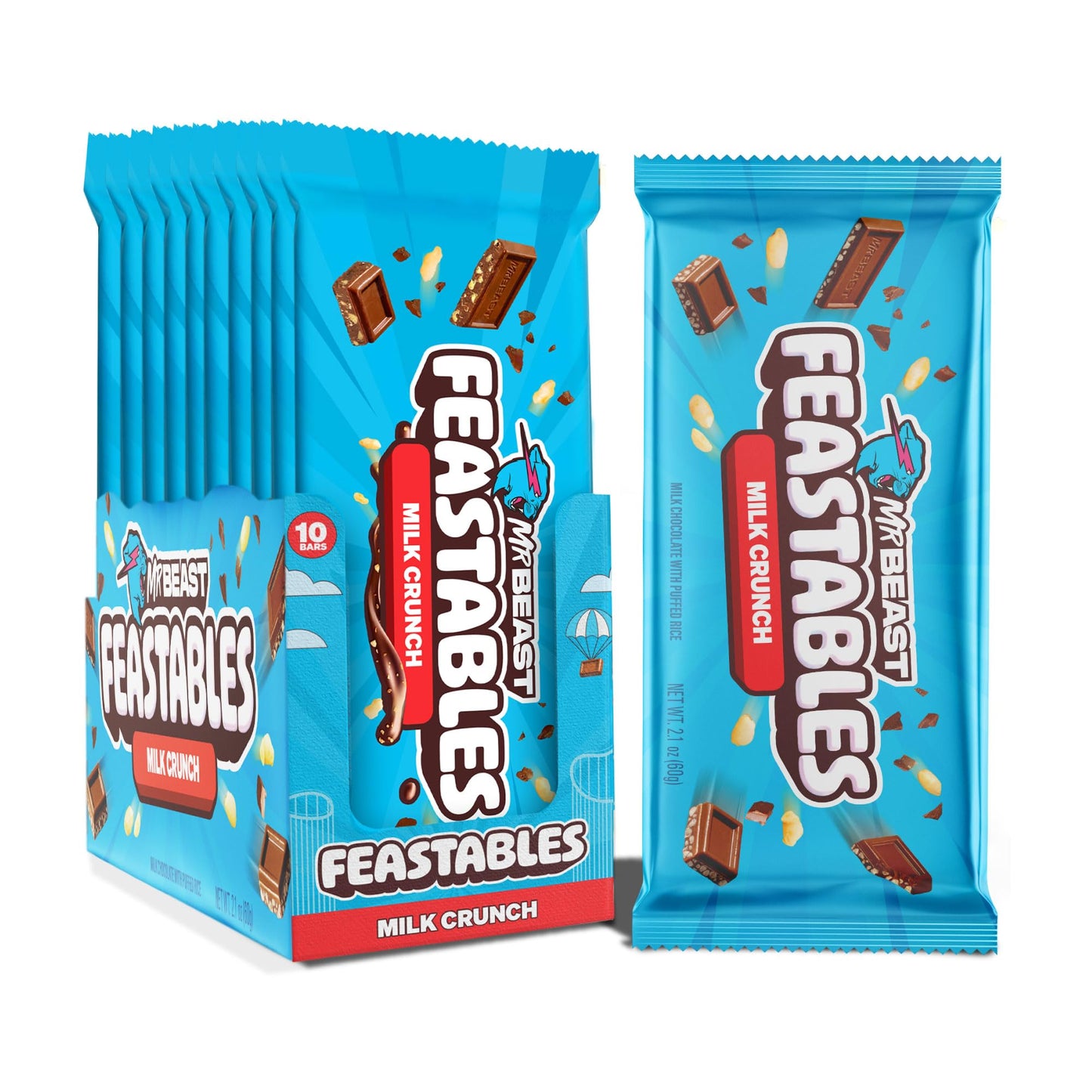 MrBeast Feastables Milk Chocolate Crunch Bar, King Size, 10 Count, Crispy Rice Chocolate Candy, Fairtrade Cocoa, 2.1oz Each