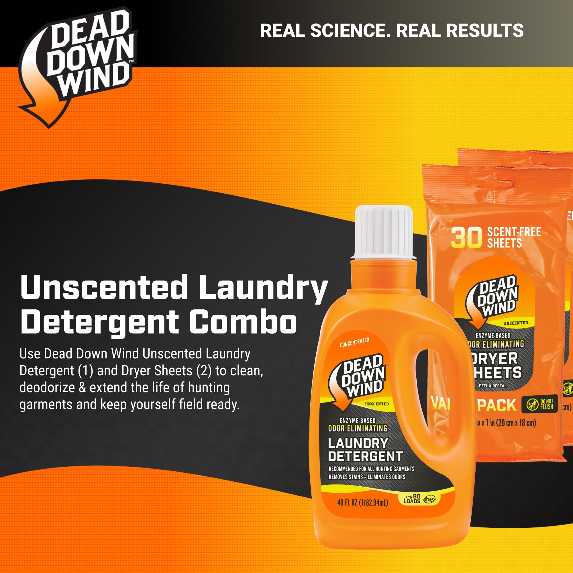 DEAD DOWN WIND Unscented Laundry Detergent Combo (40oz Liquid Detergent & 1-30ct Dryer Sheet) - Hunting Scent Control - Durable Hunting Scent