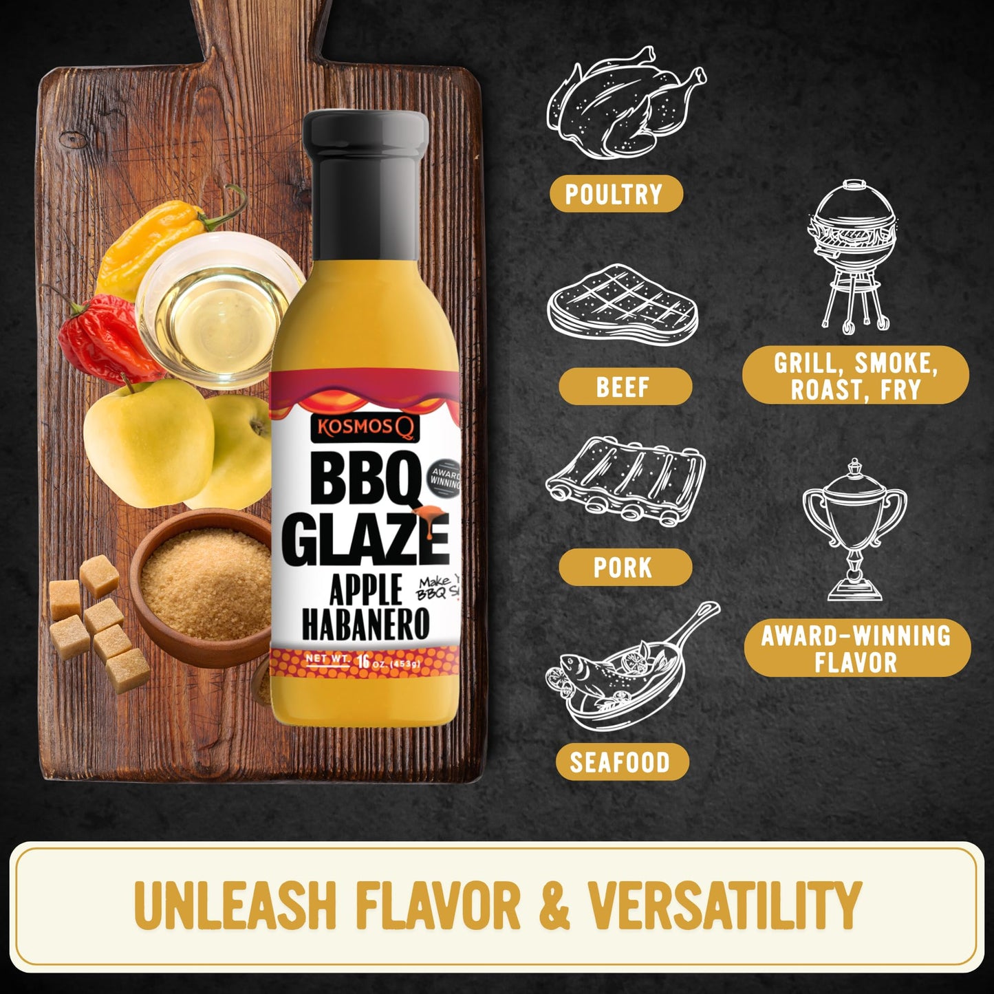 Kosmos Q Apple Habanero BBQ Glaze, Sweet and Spicy Glaze for Ribs, Pork, Chicken, or Brisket, Bold Apple Sauce with Habanero Heat, Competition-Quality
