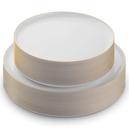 BloominGoods 50 PCS Disposable Plastic Plates For Party, 25 8.5 In. Appetizer Plates And 25 10.5 In. Dinner Plates, White With Gold Rim Plates