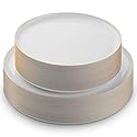 BloominGoods 50 PCS Disposable Plastic Plates For Party, 25 8.5 In. Appetizer Plates And 25 10.5 In. Dinner Plates, White With Gold Rim Plates