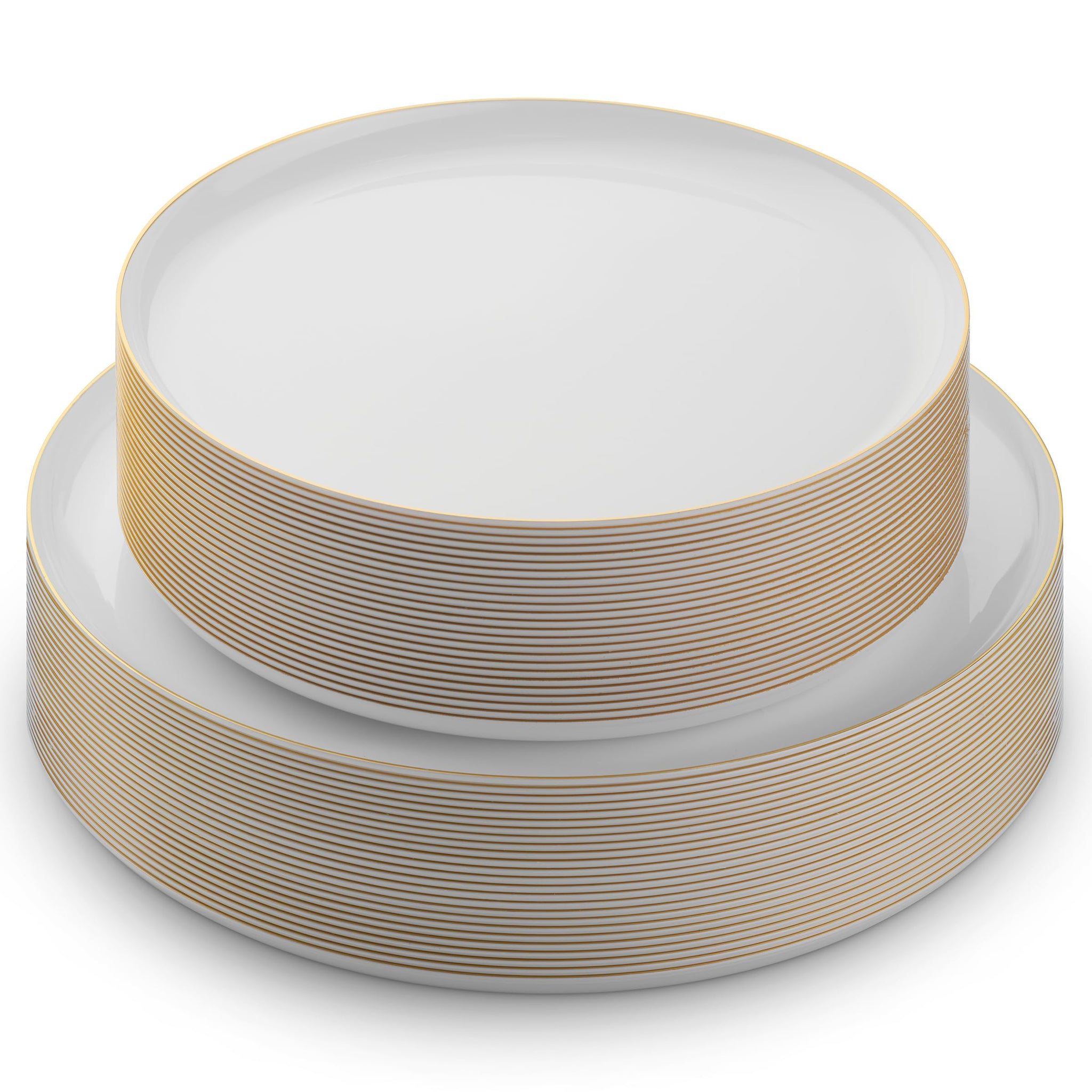 BloominGoods 50 PCS Disposable Plastic Plates For Party, 25 8.5 In. Appetizer Plates And 25 10.5 In. Dinner Plates, White With Gold Rim Plates