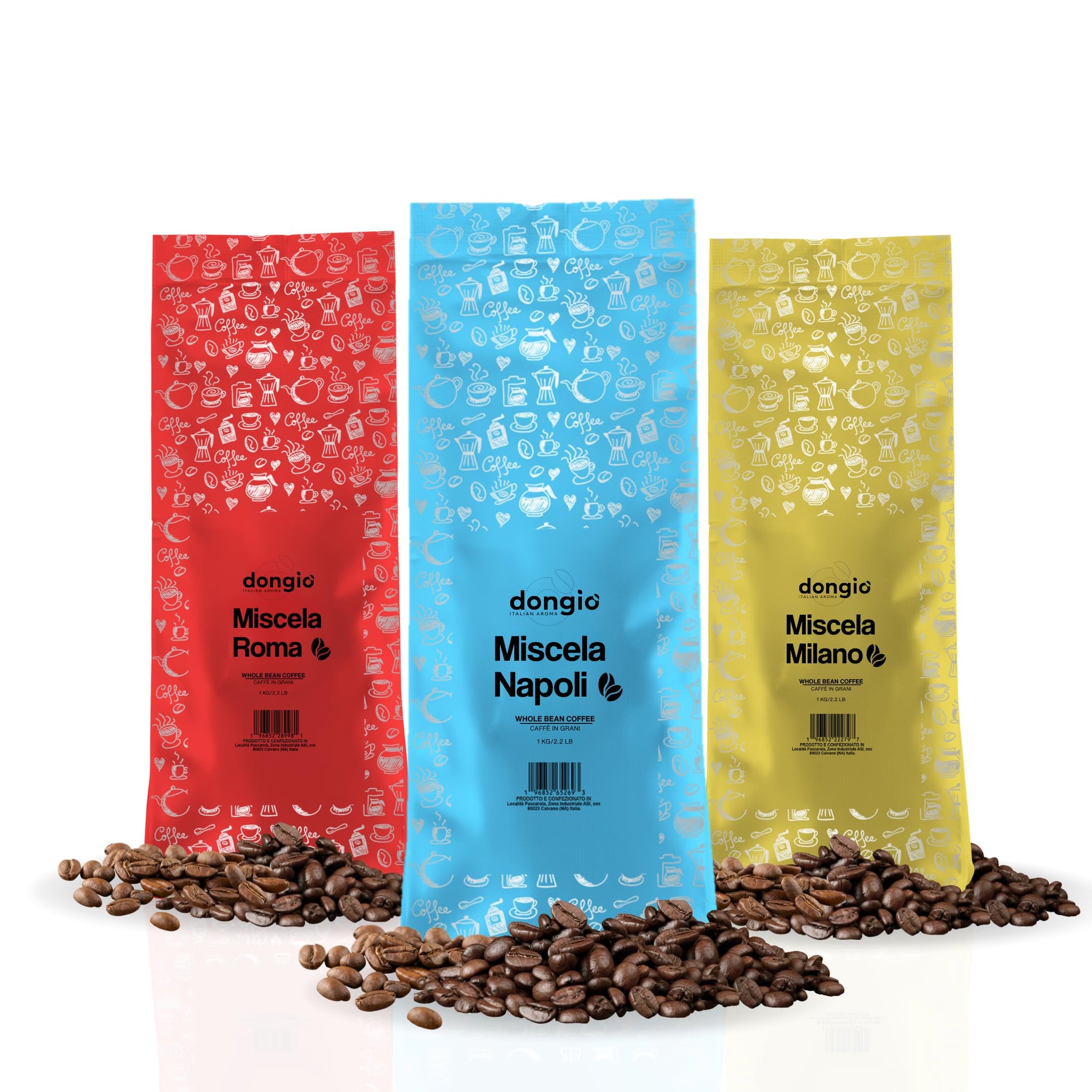 Dongiò Caffè Variety Pack whole bean coffee, 3 bags of 2.2 lbs - 100% blended and roasted in Italy (light, medium and dark roasts)