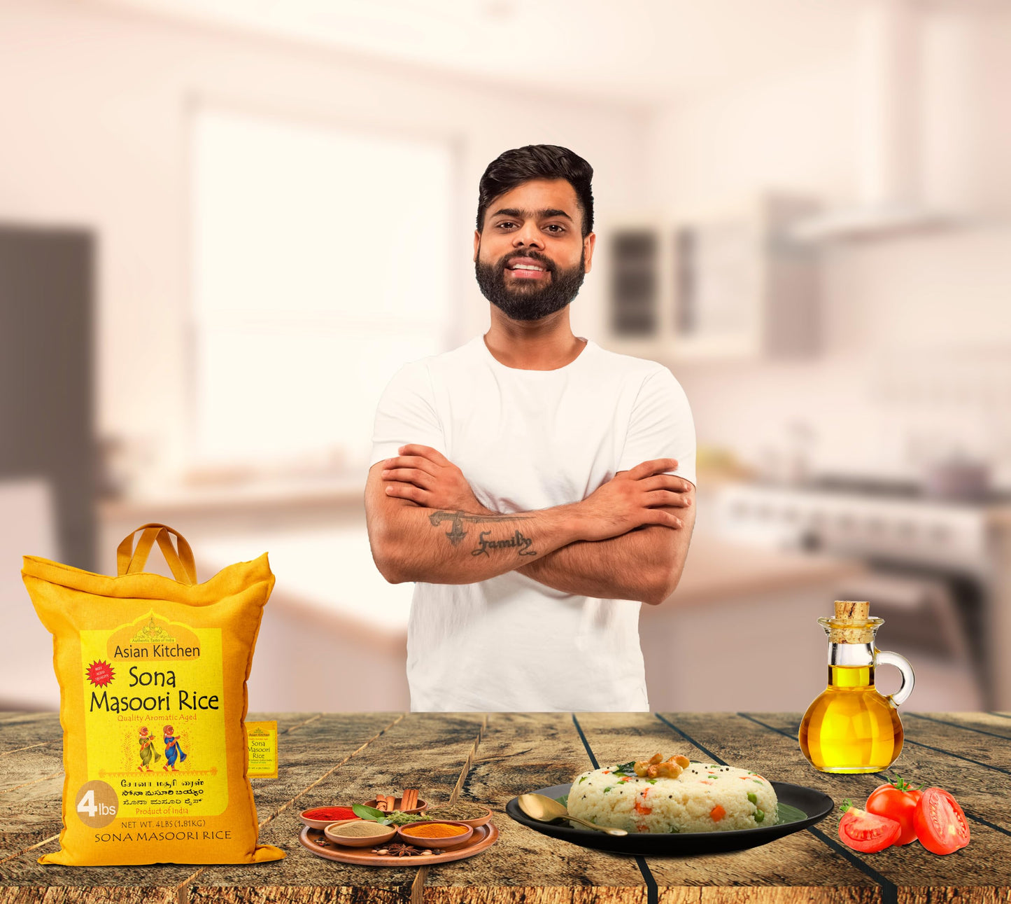 Asian Kitchen White Sona Masoori Aged Rice 4-Pound Bag, 4lbs (1.81kg) Short Grain Rice ~ All Natural | Gluten Friendly | Vegan | Indian Origin |