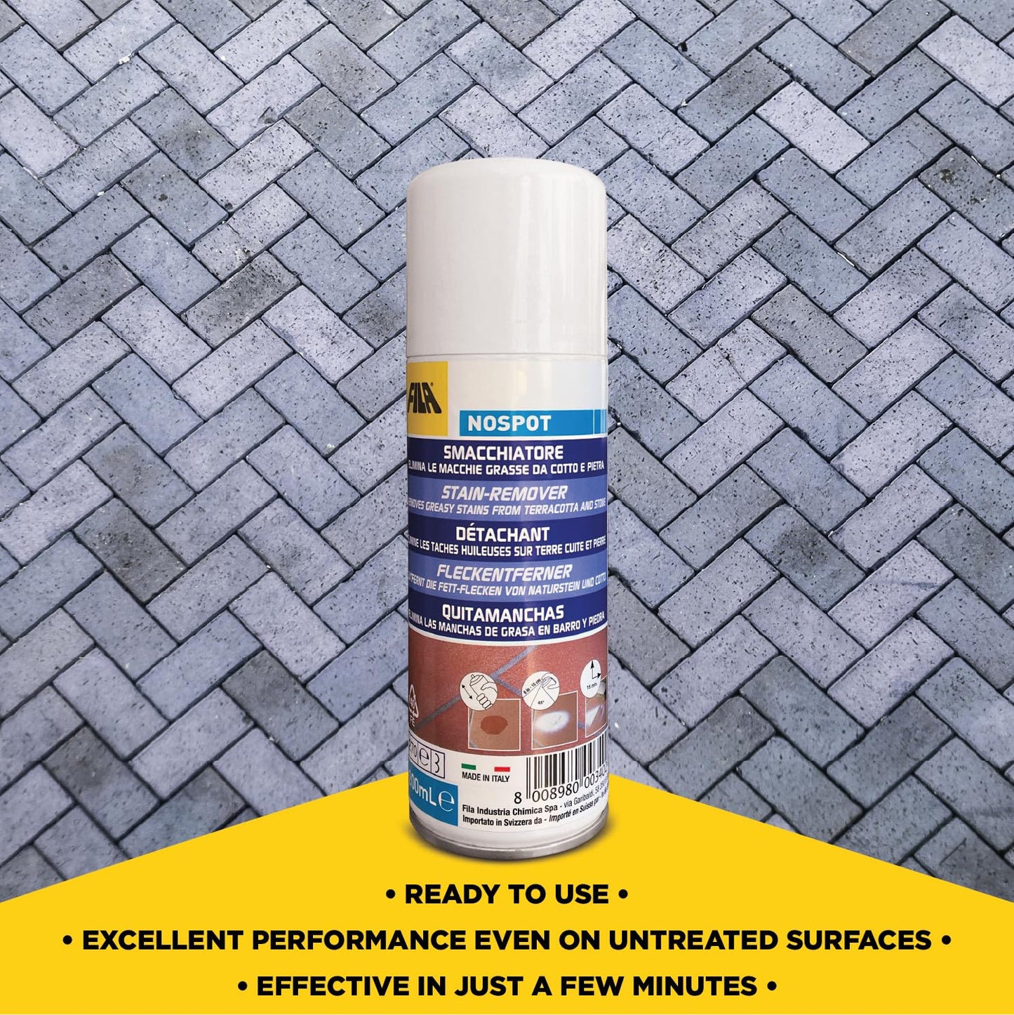 FILA Surface Care solutions, NOSPOT, Stain Remover Spray for Concrete, Klinker and Natural Stone, Removes Grease and Oil Stains from Indoor