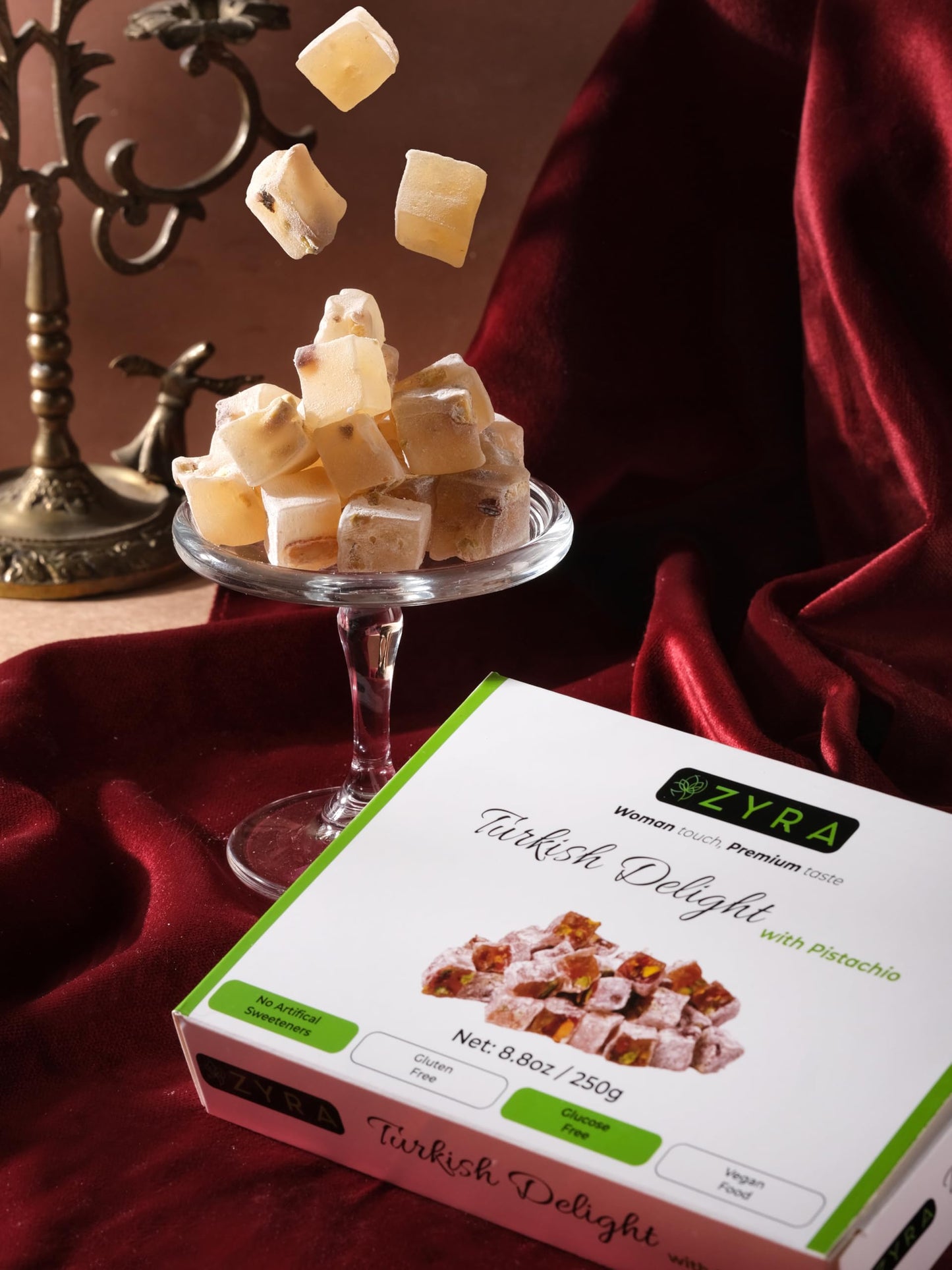 ZYRA Turkish Delight with Pistachio - 8.8oz - Woman Owned Brand - Luxury with Roasted Pistachio - Authentic Premium Lokum Confectionery - Gifts