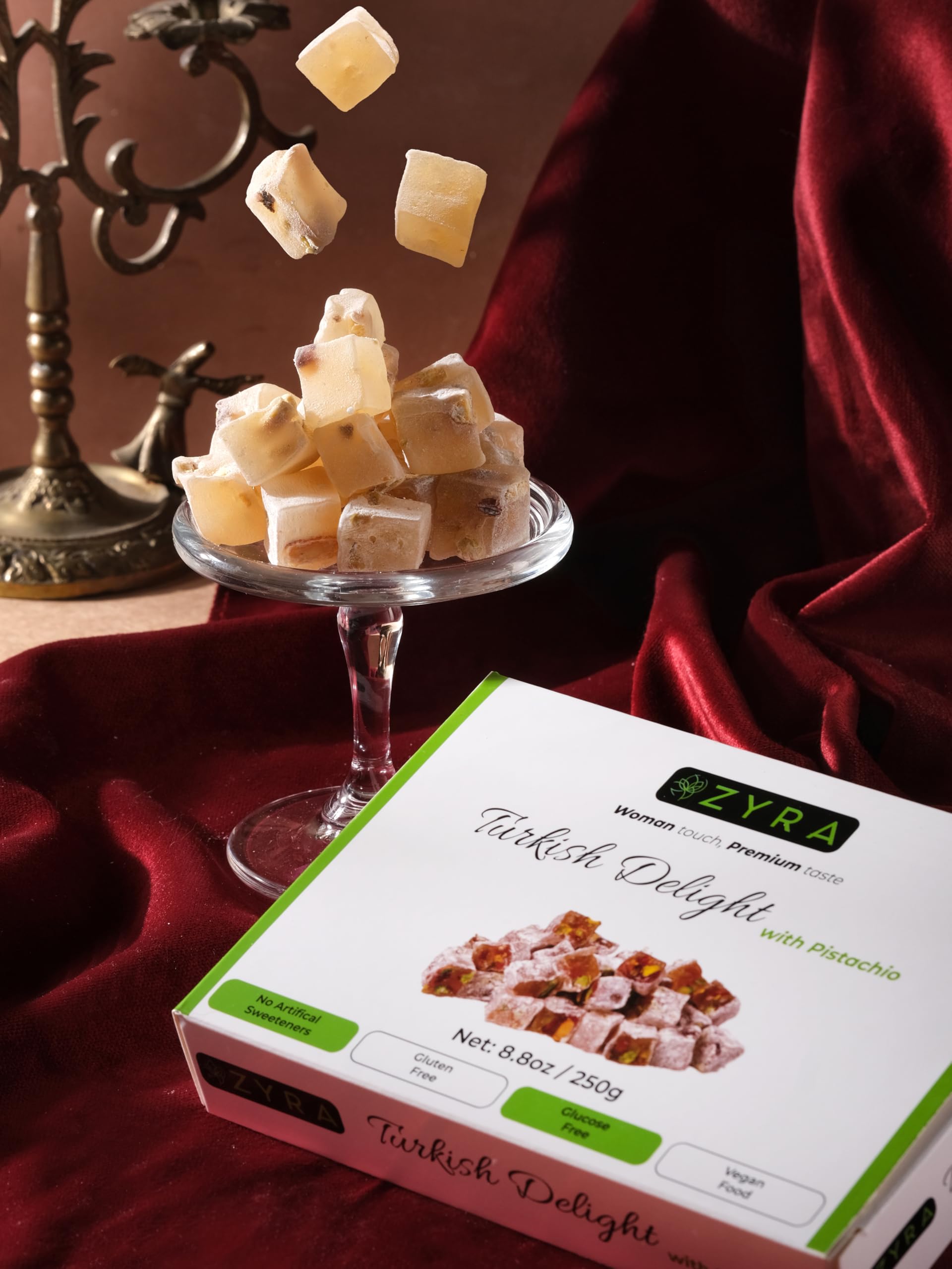 ZYRA Turkish Delight with Pistachio - 8.8oz - Woman Owned Brand - Luxury with Roasted Pistachio - Authentic Premium Lokum Confectionery - Gifts