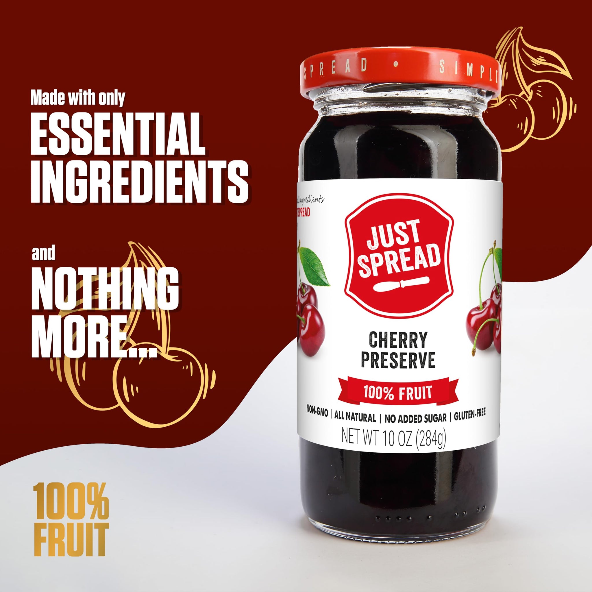 Just Spread 100% Fruit Preserve | Made with Real Fruit Pieces & Only 4 Ingredients | Gluten Free, Vegan, Non GMO, No Added Sugar | 10oz Jar (Cherry)