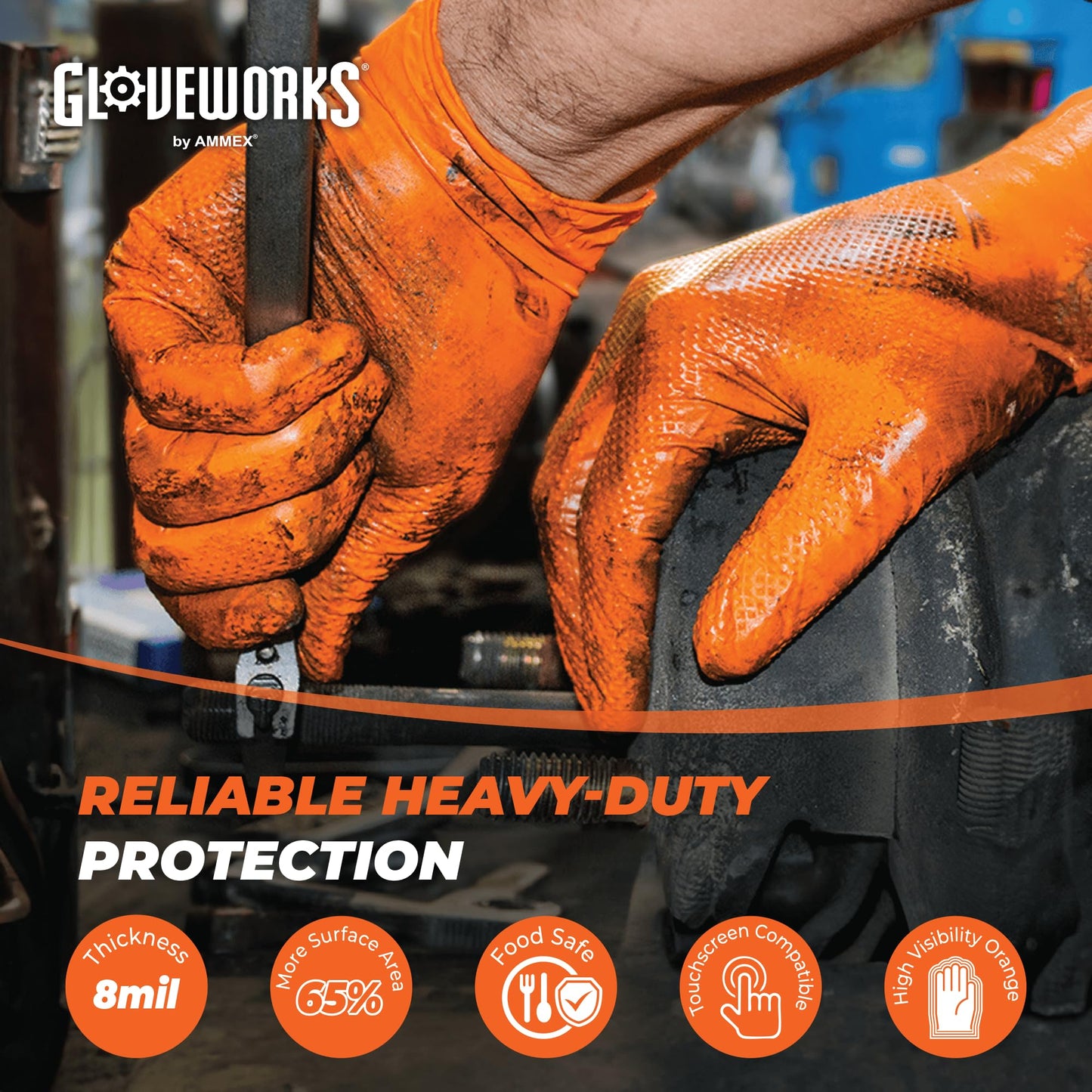 GLOVEWORKS 8 Mil Orange Nitrile Disposable Gloves Heavy Duty Industrial RDT for Mechanic and Automotive Medium 2 Boxes of 100