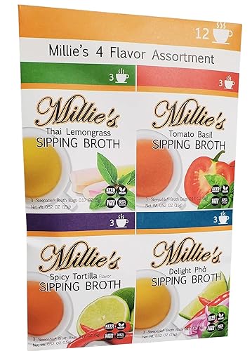 MILLIE'S SIPPING BROTH Steepable Vegetable Broth with Savory Seasonings for Snack Urges | Vegan, Keto, Gluten Free, Intermittent Fasting, and natural