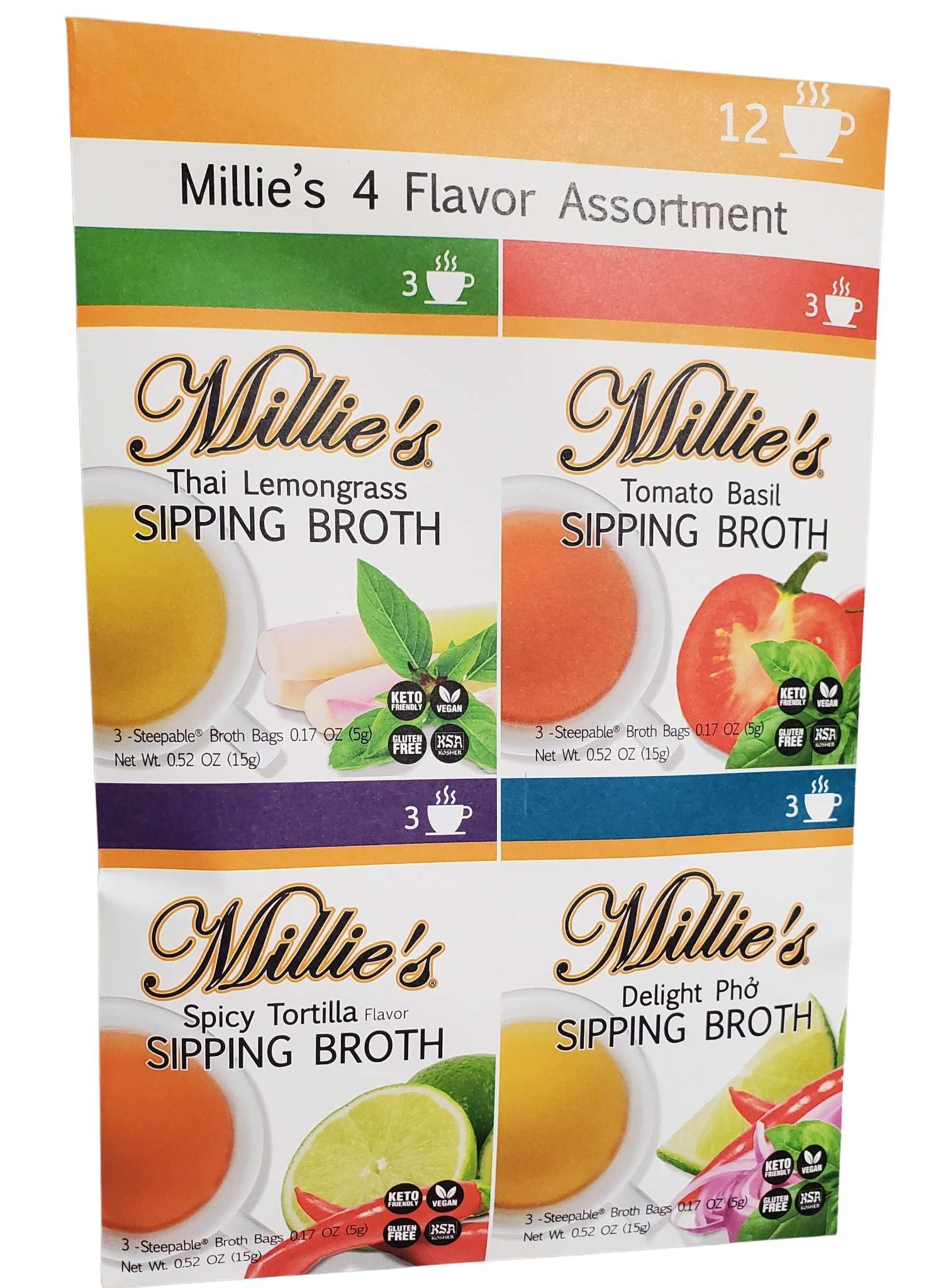MILLIE'S SIPPING BROTH Steepable Vegetable Broth with Savory Seasonings for Snack Urges | Vegan, Keto, Gluten Free, Intermittent Fasting, and natural